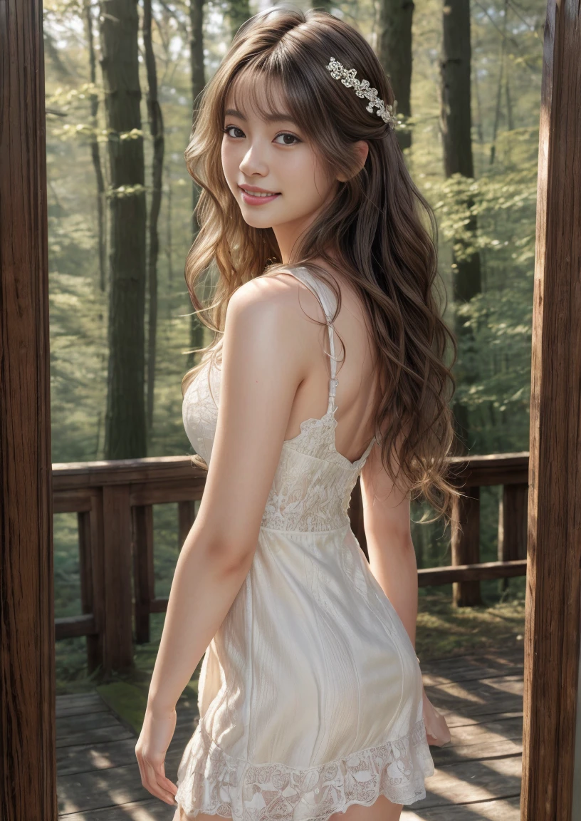 highest quality,masterpiece,ultra high resolution,(photo-realistic:1.4),looking at the viewer,(white lace dress),whole body,standing posture,look back,japanese girl,smile,(ultra wavy hair),(masterpiece:1.3), (8K, realistic, RAW photo, highest quality: 1.4), (1 girl), beautiful face, (realistic face), (short hair),beautiful hairstyle,green forest,with deer
