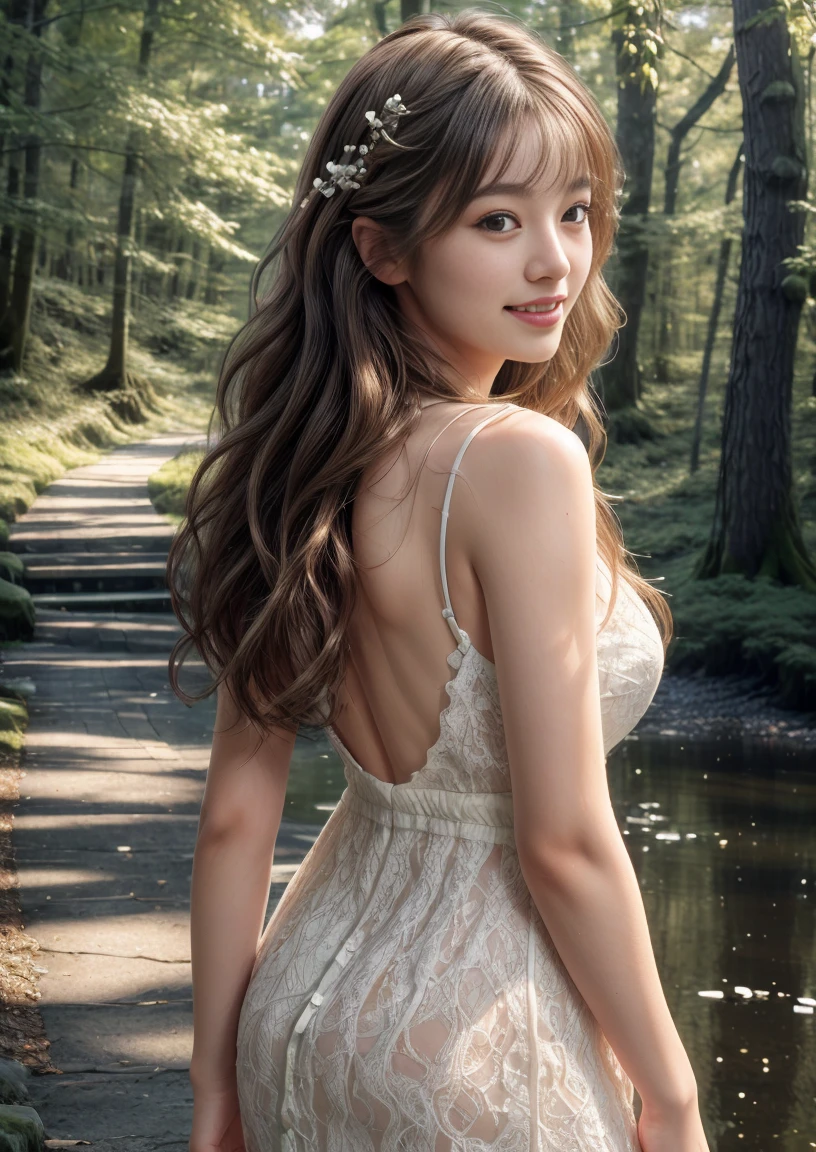 highest quality,masterpiece,ultra high resolution,(photo-realistic:1.4),looking at the viewer,(white lace dress),whole body,standing posture,look back,japanese girl,smile,(ultra wavy hair),(masterpiece:1.3), (8K, realistic, RAW photo, highest quality: 1.4), (1 girl), beautiful face, (realistic face), (short hair),beautiful hairstyle,green forest,with deer
