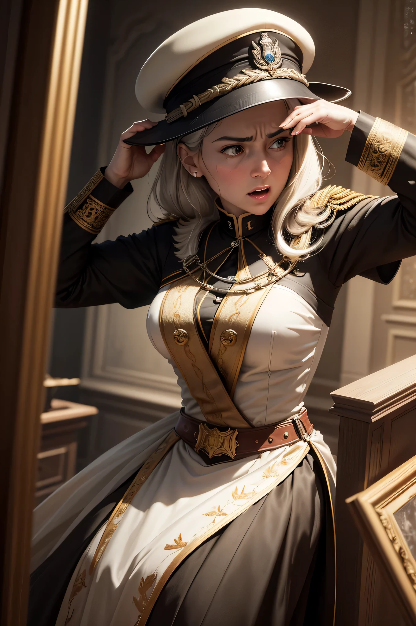 She is a Field Marshal from the Army in the World War 2 and she has expressed his decline for the war plan, she's upset, she's angry
((Best quality)), ((masterpiece)), (highly detailed:1.3), Depth-of-field, Multi-layered textures, HDR (High Dynamic Range), Ray Tracing, NVIDIA RTX, Unreal 5, Subsurface scattering, PBR Texturing, Post-processing,
Anisotropic Filtering, Maximum clarity and sharpness, Wide aperture, Low ISO, White balance, Rule of thirds, 8K RAW, art, neoclassical painting, mural, Venetian painting style, oil painting,