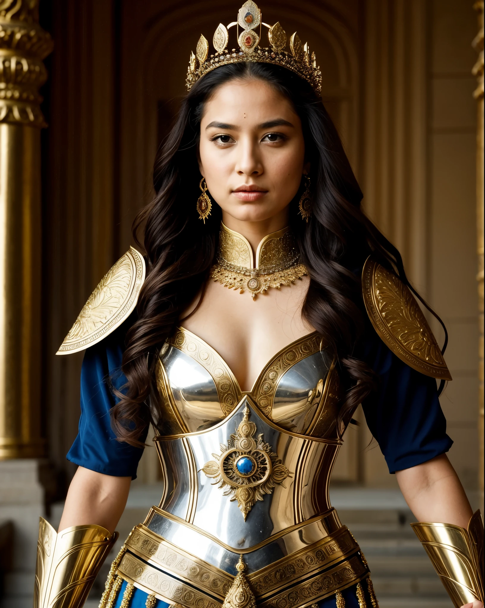 "Design an illustration of a stunning and powerful warrior queen with a regal presence. She should possess a combination of strength and grace. Imagine her in ornate, yet practical armor that complements her figure. The armor should be adorned with intricate details and symbols representing her royal lineage and warrior prowess. Her weapon of choice could be a unique and elegant sword or a mythical weapon that reflects her status as a formidable leader.
Her facial features should exude confidence and determination, with piercing eyes that convey both fierceness and wisdom. The queen's hair, whether long or short, should flow dynamically, hinting at her movement in battle. Consider incorporating elements that emphasize her connection to nature or a mythical realm, such as ethereal backgrounds, symbolic animals, or mystical symbols.
Pay attention to the color palette; use rich, bold colors that enhance her royal aura. Experiment with lighting to highlight specific details and create a sense of drama. Ensure that her posture and expression capture the essence of a queen who commands respect and admiration. Feel free to draw inspiration from historical warrior queens or fictional characters, blending elements to create a unique and captivating image."