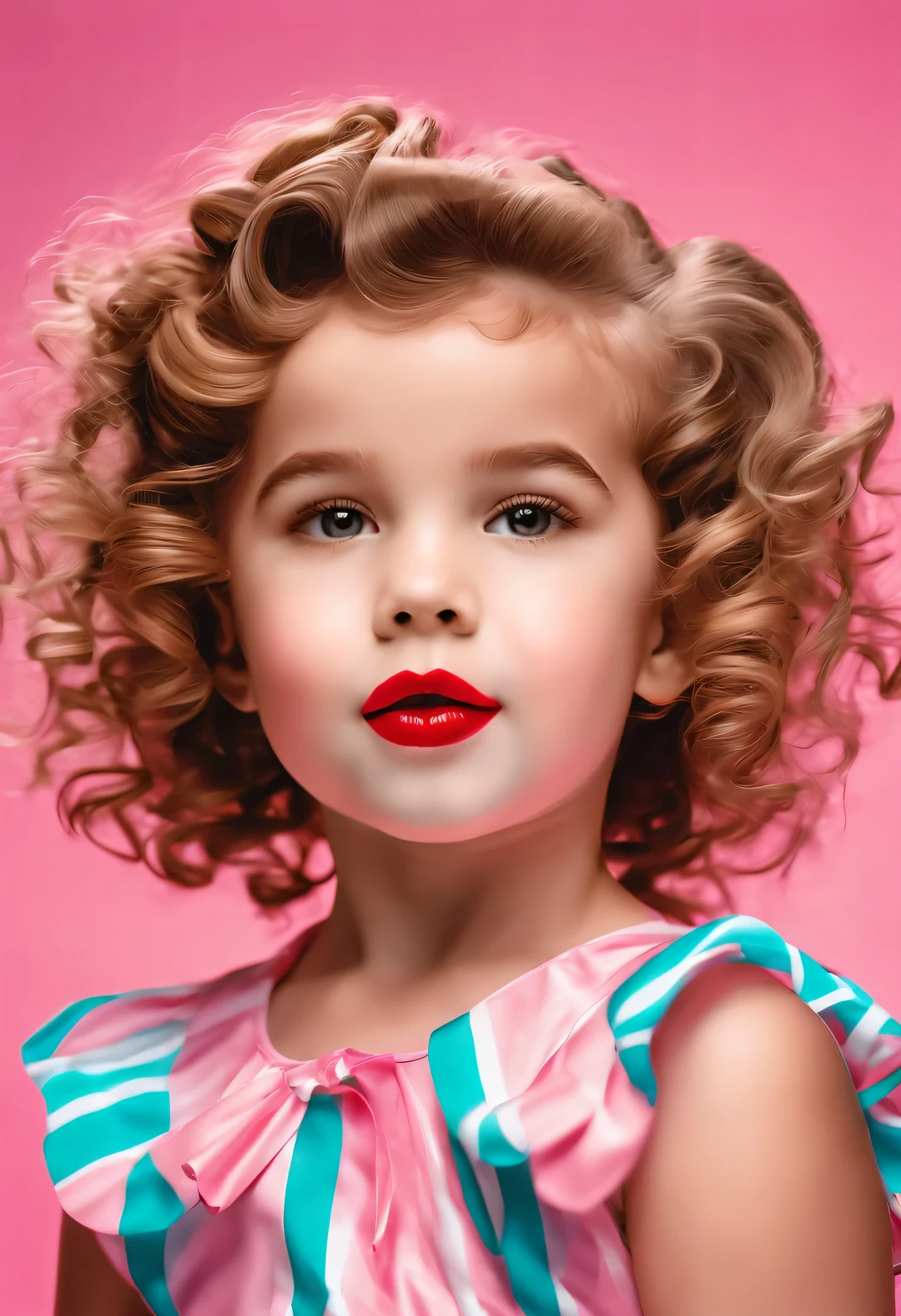 vaporwave style , portrait,Beautiful and cute girl Shirley Temple wearing lipstick,