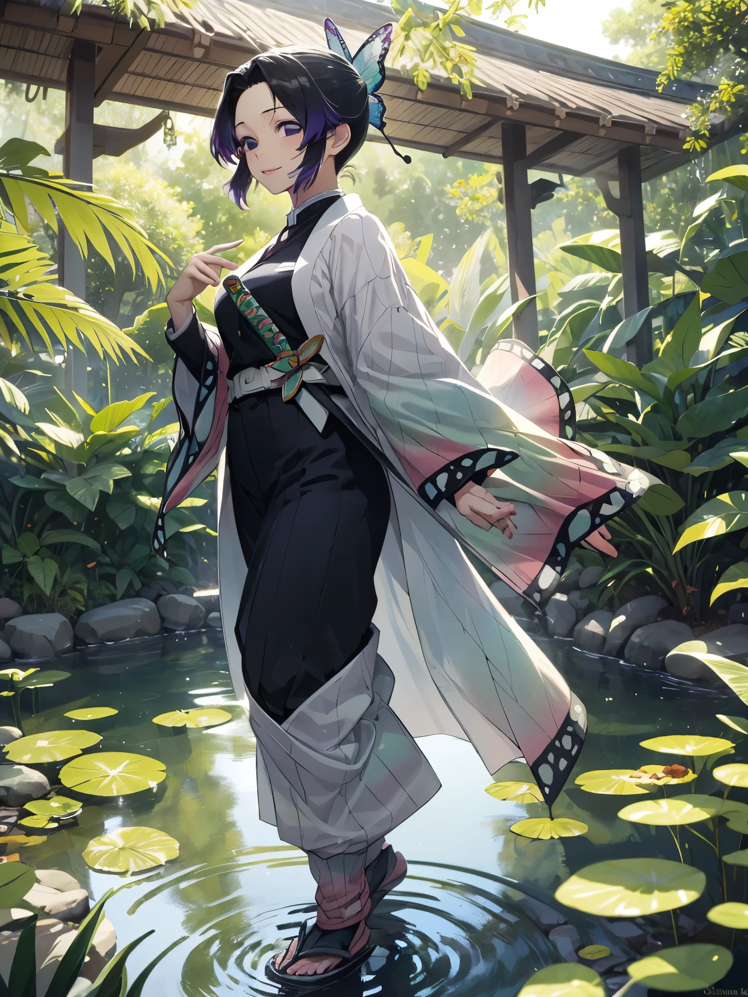best quality,ultra-detailed,photorealistic:1.37,Shinobu Koucho standing in a tropical garden backside view,beautiful detailed eyes,beautiful detailed lips,long hair flowing in the wind,vibrant green leaves and exotic flowers surrounding her,gentle sunlight filtering through the foliage,soft shadows cast on the ground,tall palm trees swaying in the breeze,colorful butterflies fluttering around her,emerald green grass beneath her feet,serene expression on her face,graceful posture,traditional Japanese kimono with intricate floral patterns,subtle reflections on the garden pond,a tranquil and peaceful atmosphere,harmonious blend of Japanese and tropical elements,saturated and vivid colors,soft and warm color tone,illuminating sunlight bathing the scene.