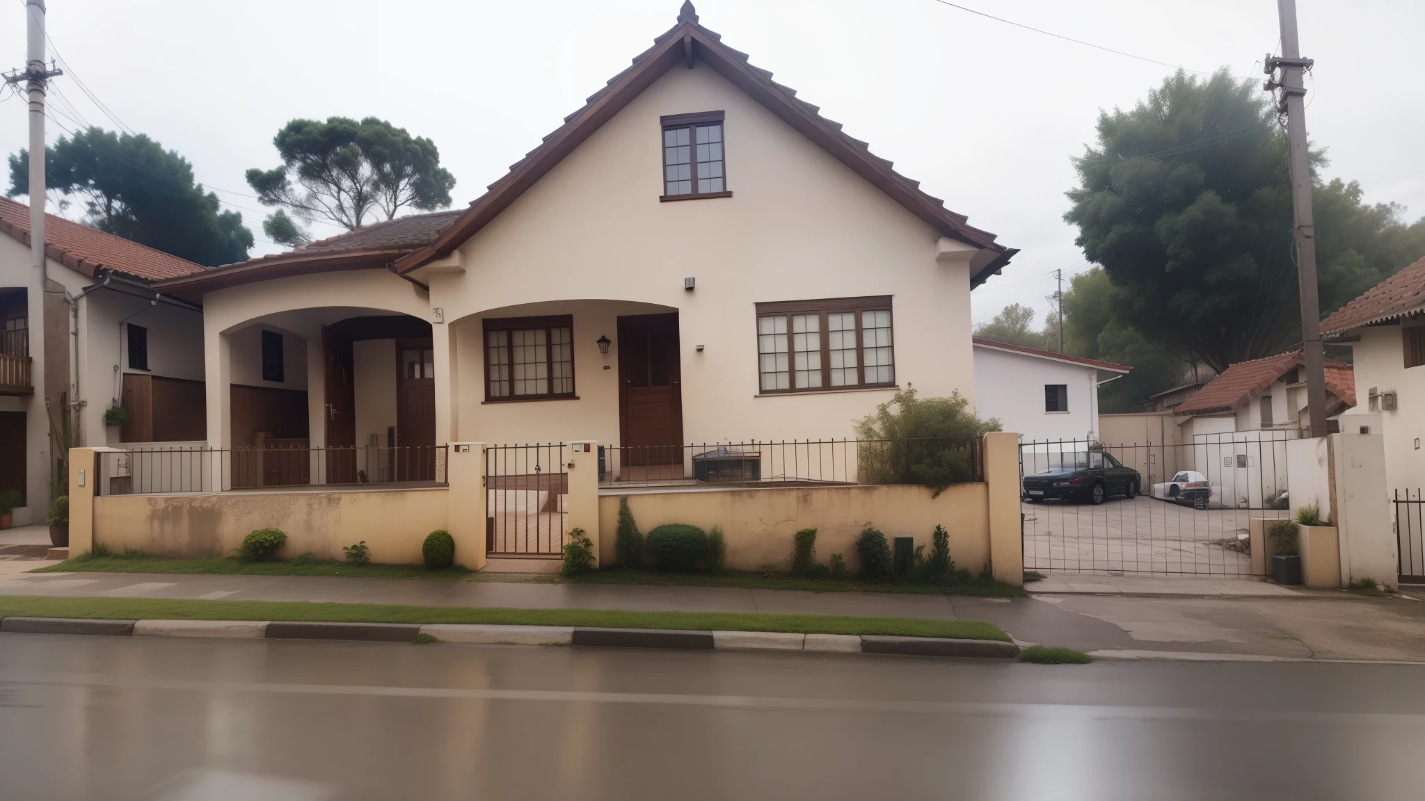 the image shows a realistic photo of a renovated house modernizing the old features to more modern features, uma pinura cinza trocando as portas e janelas por modelos mais modernos