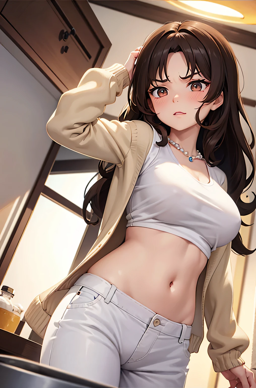 1girl, alcohol, armchair, artist name, belt, bracelet, braid, breasts, brown eyes, brown hair, couch, curtains, earrings, navel piercing, lips, long hair, looking at viewer, midriff, navel, necklace, pants, pendant, realistic, signature, sitting, solo