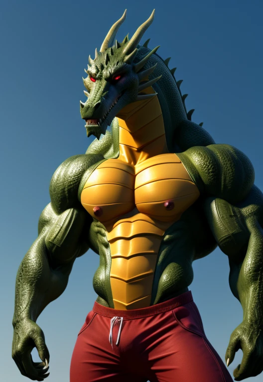 Shendu, shendu,dragon,alone, male, scally, muscular, Claws, Simple sky background, scales, muscular , alligators,, clothing, teeth, crawler, green scales, chest muscles, green body, peak, sharp teeth ,aldult,alone,4K,best quality, whole body,Shirtless,looking at the audience,Bodybuilding posture, Show muscles,(very muscular, Athletic body:1.0), muscular胸部, Pink nipples, six pack abs, broad shoulders, biceps, 弯曲biceps, anatomically correct,,pride,soft shadow,majestic (Detailed face, delicate eyes:1.1),Sharp eyes,red eyes,eyes shining,Grandiose,Valiantary,,Smile confidently,Strong,mature, Red shorts,