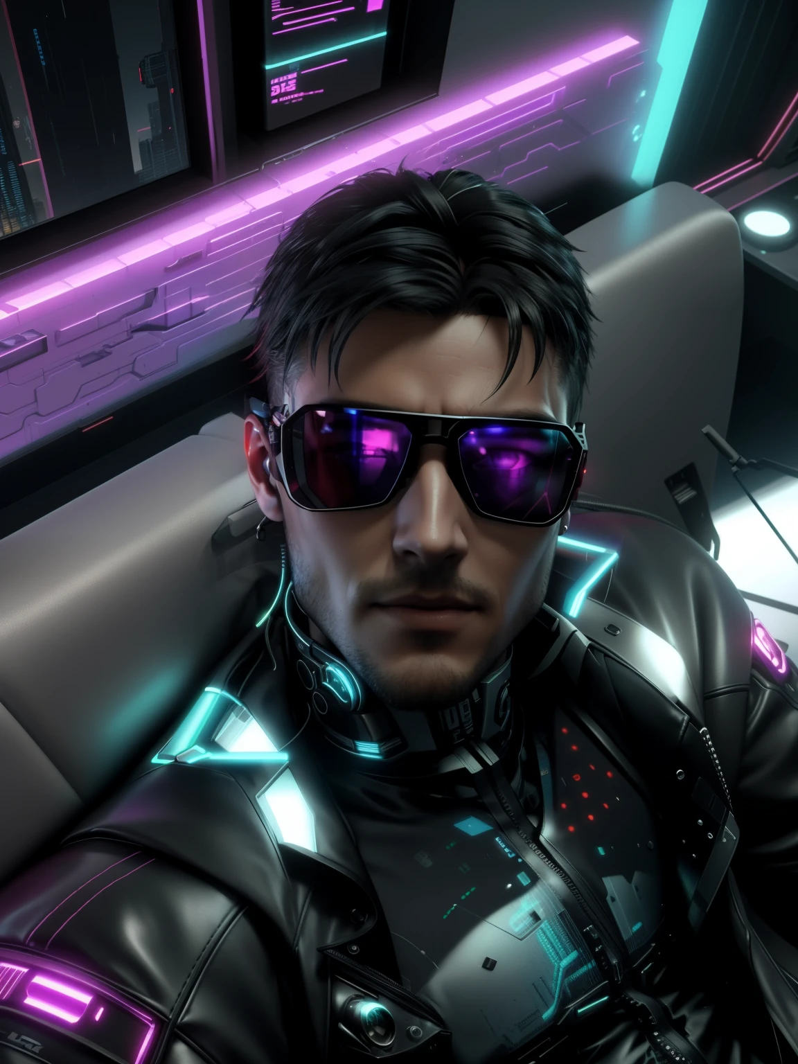 there is a man in a suit and sunglasses laying on a couch, cyberpunk art ultrarealistic 8k, hyper-realistic cyberpunk style, hyperealistic octane render, 3 d render character art 8 k, cyberpunk style ， hyperrealistic, cinematic 3d render, cyborg male, cyberpunk eye wear, attractive sci - fi face, movie still of a cool cyborg