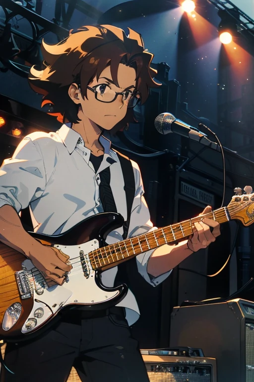 Guy with glasses with big dark hair down to his neck like guitarist Billy Squier's hair, with a sunburst-colored Stratocaster guitar in the style of a black-on-white manga