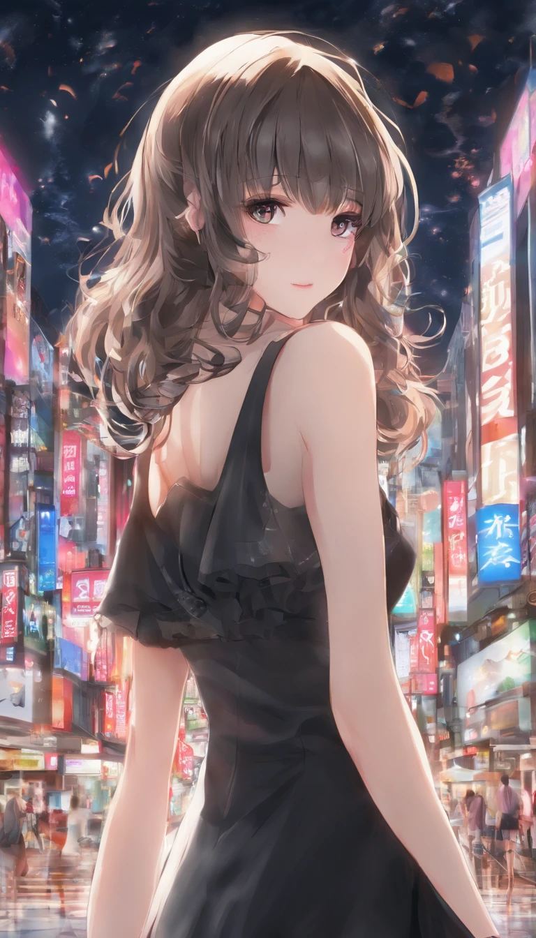 ​masterpiece, 4K, top-quality, Misaka Mikoto, Luxurious black dress　a miniskirt　A sexy　nightcity　　Beautiful back　beauty legs　Cool Face
