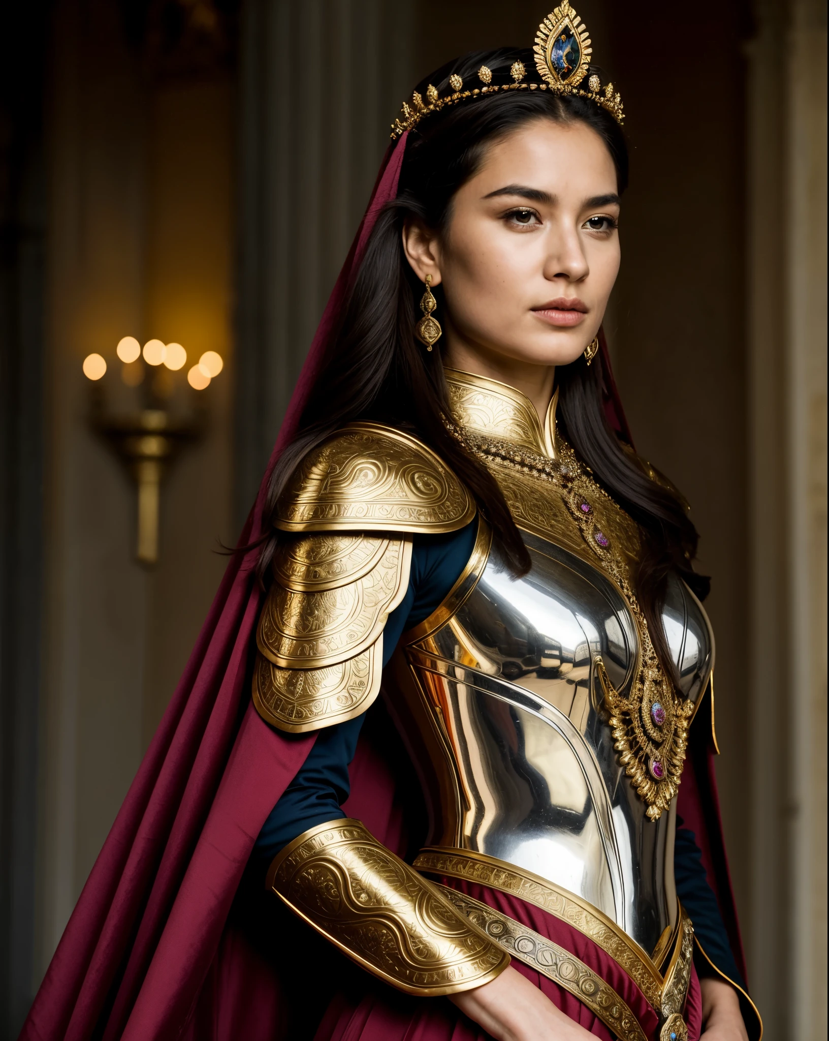 "Design an illustration of a stunning and powerful warrior queen with a regal presence. She should possess a combination of strength and grace. Imagine her in ornate, yet practical armor that complements her figure. The armor should be adorned with intricate details and symbols representing her royal lineage and warrior prowess. Her weapon of choice could be a unique and elegant sword or a mythical weapon that reflects her status as a formidable leader.
Her facial features should exude confidence and determination, with piercing eyes that convey both fierceness and wisdom. The queen's hair, whether long or short, should flow dynamically, hinting at her movement in battle. Consider incorporating elements that emphasize her connection to nature or a mythical realm, such as ethereal backgrounds, symbolic animals, or mystical symbols.
Pay attention to the color palette; use rich, bold colors that enhance her royal aura. Experiment with lighting to highlight specific details and create a sense of drama. Ensure that her posture and expression capture the essence of a queen who commands respect and admiration. Feel free to draw inspiration from historical warrior queens or fictional characters, blending elements to create a unique and captivating image."