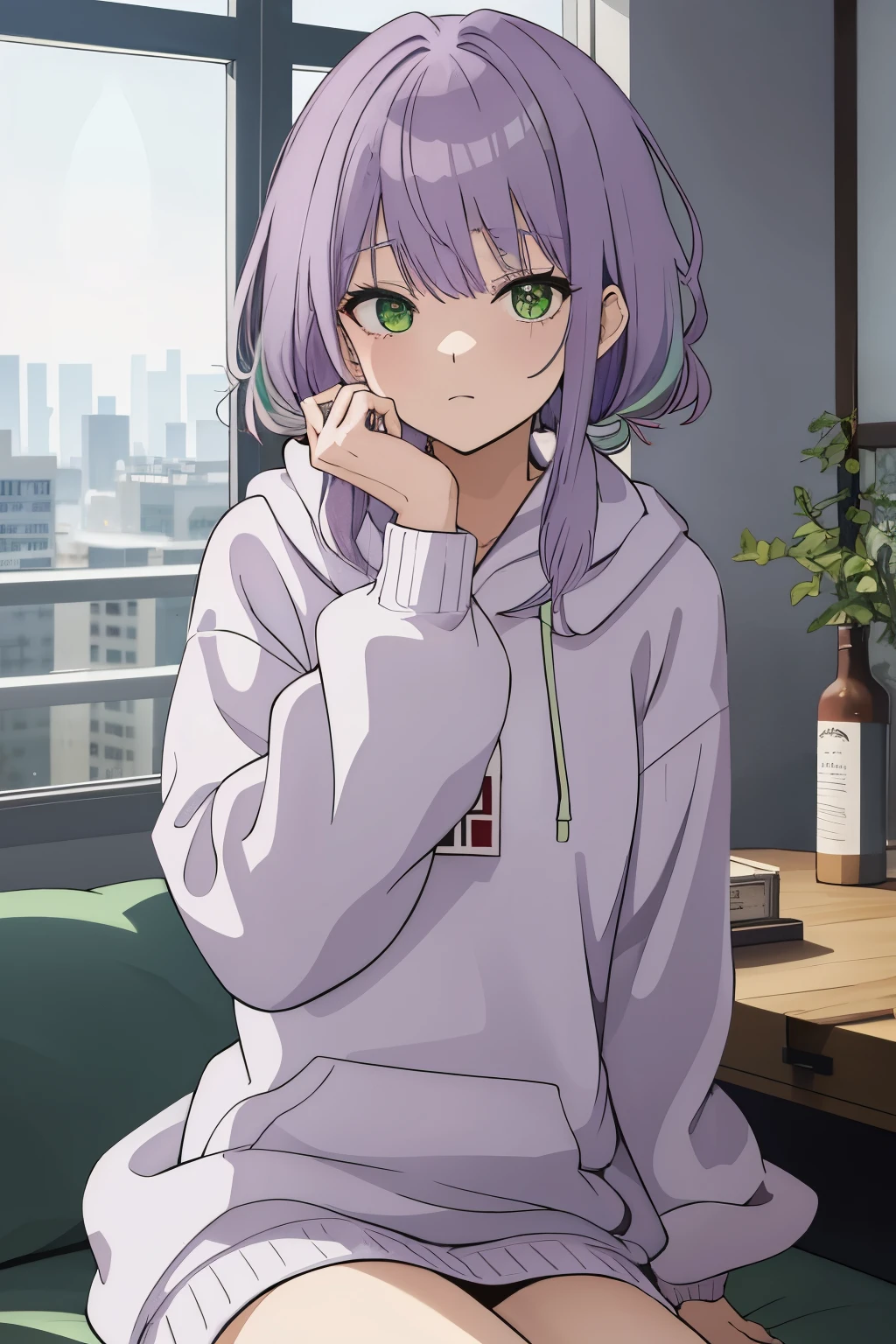 Scene View,null,anime style,night,headrest, intense angle, Curtsey,(Light purple hair)、medium hair、large round green eyes、winter scenery,highest quality、Multicolored hair、((indoor))、white hoodie,low twintails