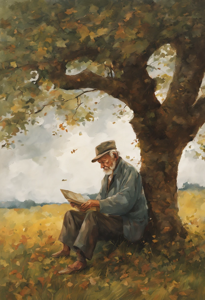 Old man,Sitting under tree Leaves Falling Cloudy Weather In open Grass field