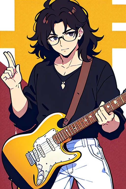 Guy with glasses with big dark hair down to his neck like guitarist Billy Squier's hair, with a sunburst-colored Stratocaster guitar in the style of a black-on-white manga