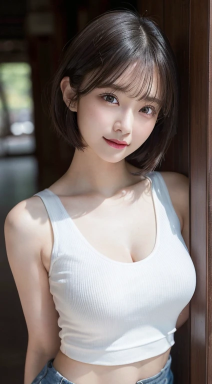 Innocent 20 year old girl、((White tank top, Dramatic poses)),Smile,short-cut,Natural park、Raw photo, (8K、top-quality、​masterpiece:1.2)、(intricate detailes:1.4)、(Photorealsitic:1.4)、octane renderings、Complex 3D rendering ultra detail, Studio Soft Light, Rim Lights, vibrant detail, super detailing, realistic skin textures, Detail Face, Beautiful detail eyes, Very detailed CG Unity 16k wallpaper, make - up, (detailedbackground:1.2), shinny skin, Full body、cleavage of the breast,((Standing with hands folded behind your back、Leaning forward、Angle from above))