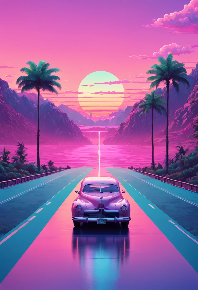 Vaporwave Aesthetic, perfectly symmetrical line grid in the sky, Neon and pastel color palette, nostalgic dreamscape, sunset in the background, road parallel with a river bank, 1940's era cars on the road, minimalist art design, extremely detailed, 8k resolution, isometric