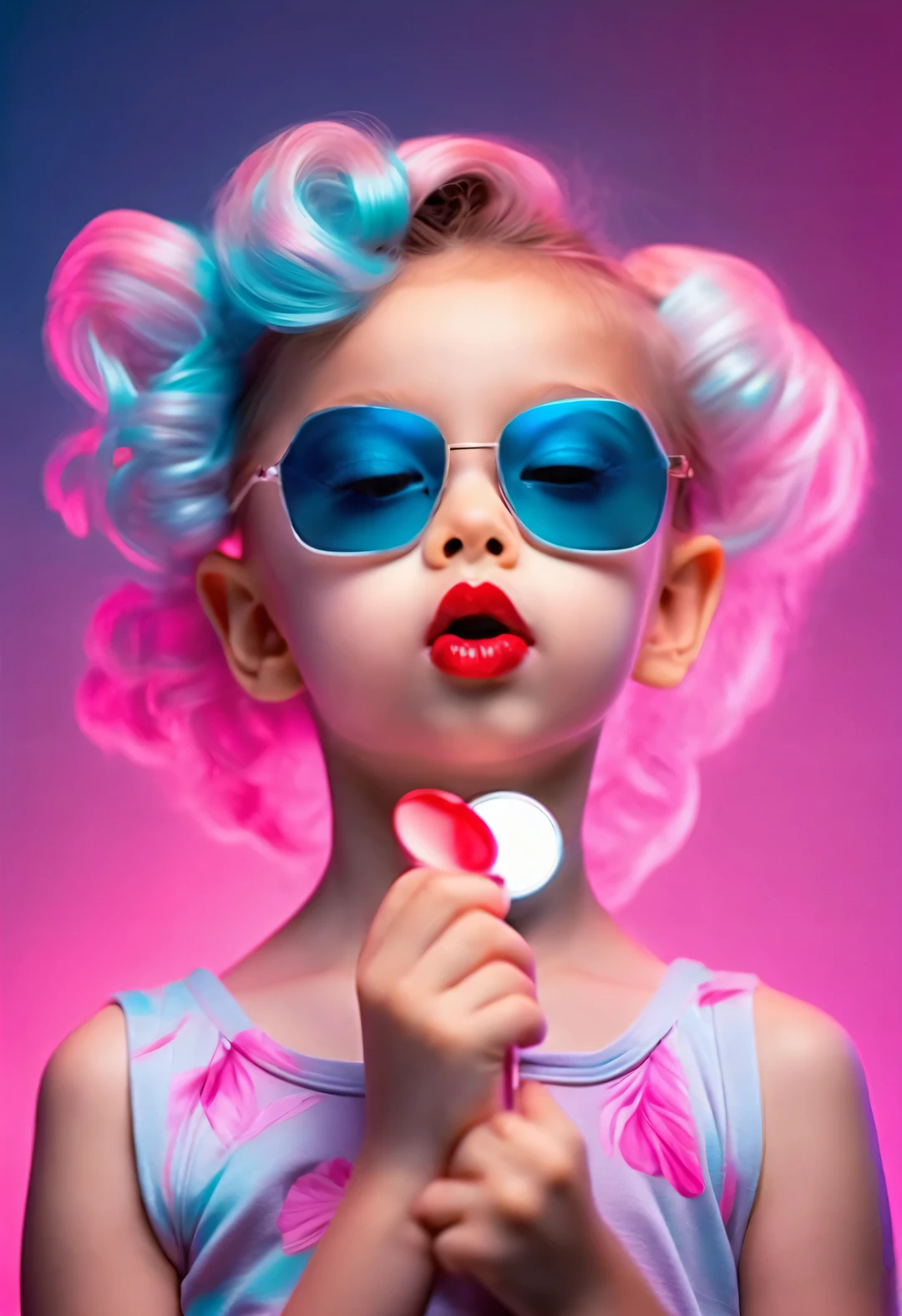 vaporwave style , Portrait of beautiful girl is applying lipstick,
