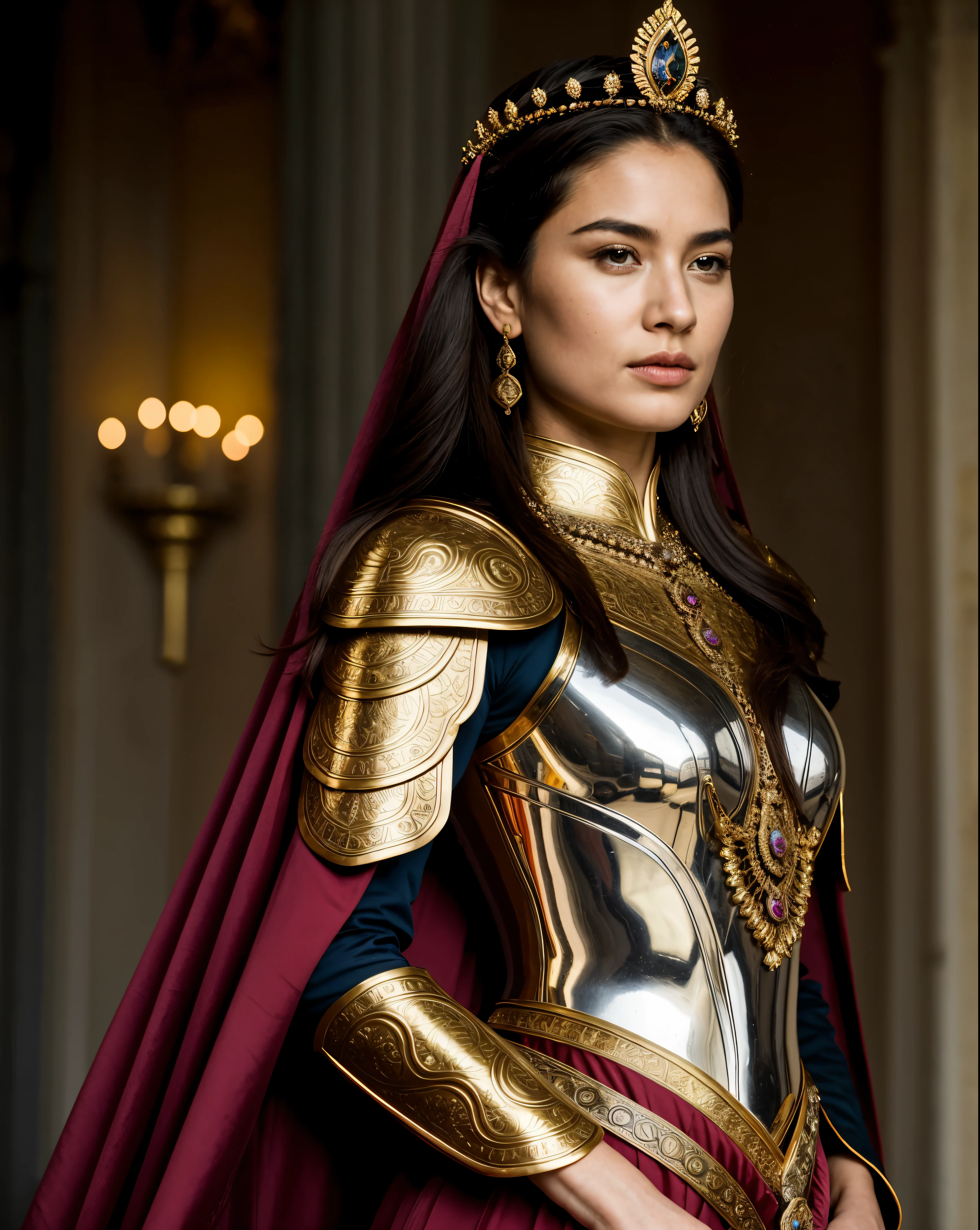"Design an illustration of a stunning and powerful warrior queen with a regal presence. She should possess a combination of strength and grace. Imagine her in ornate, yet practical armor that complements her figure. The armor should be adorned with intricate details and symbols representing her royal lineage and warrior prowess. Her weapon of choice could be a unique and elegant sword or a mythical weapon that reflects her status as a formidable leader.
Her facial features should exude confidence and determination, with piercing eyes that convey both fierceness and wisdom. The queen's hair, whether long or short, should flow dynamically, hinting at her movement in battle. Consider incorporating elements that emphasize her connection to nature or a mythical realm, such as ethereal backgrounds, symbolic animals, or mystical symbols.
Pay attention to the color palette; use rich, bold colors that enhance her royal aura. Experiment with lighting to highlight specific details and create a sense of drama. Ensure that her posture and expression capture the essence of a queen who commands respect and admiration. Feel free to draw inspiration from historical warrior queens or fictional characters, blending elements to create a unique and captivating image."