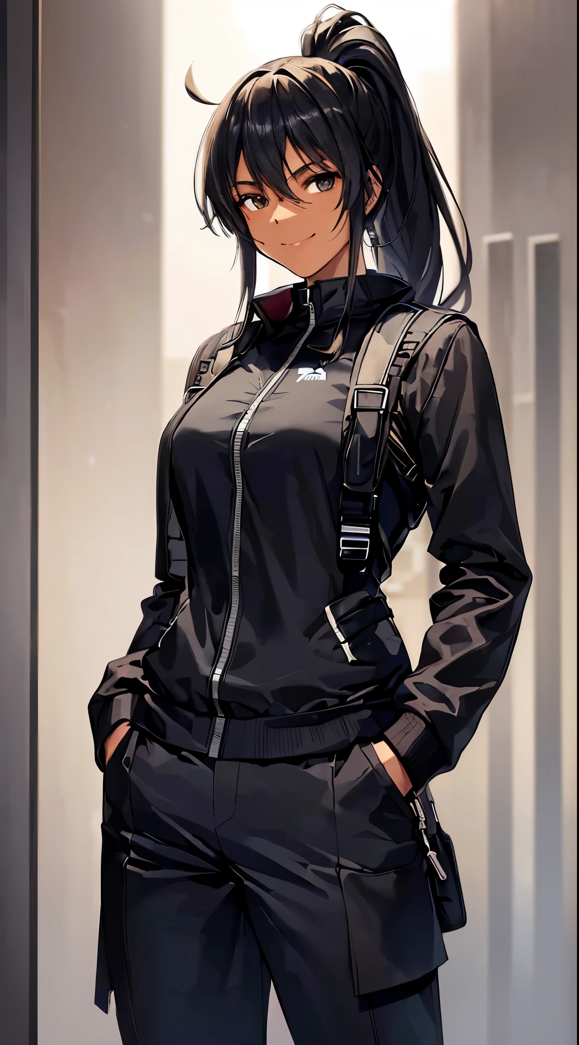 a handsome woman，athlete，sports student，high ponytail，black eyes，Wheat-colored dark skin，（muscular），robust，Tall，smile generously，Hands in pockets，wave，Black pants，Cool trench coat，Shoulder backpack，Walking dynamics，（Cyberpunk urban background），cyberpunk landscape，Cyberpunk world，night，full-body shot，Side view，black hair, long hair, sidelocks, straight hair, asymmetrical bangs, happy, anime style, backlighting, from below, UHD, masterpiece, super detail, high details, high quality, highres, 16k