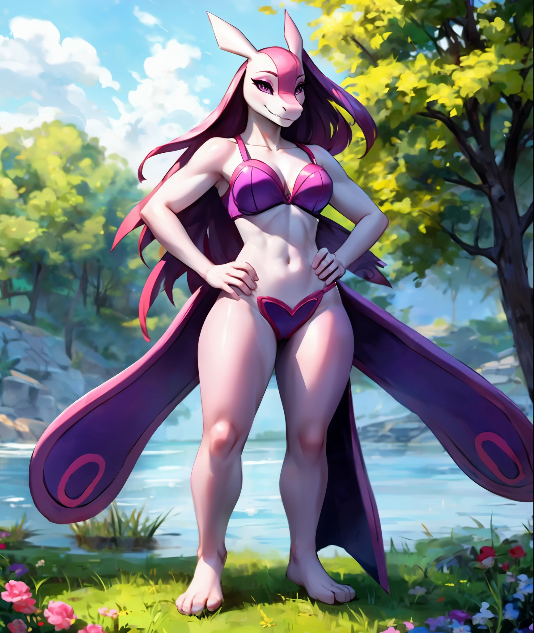 Female Lovander, standing, outdoors, hands on hips, seductive