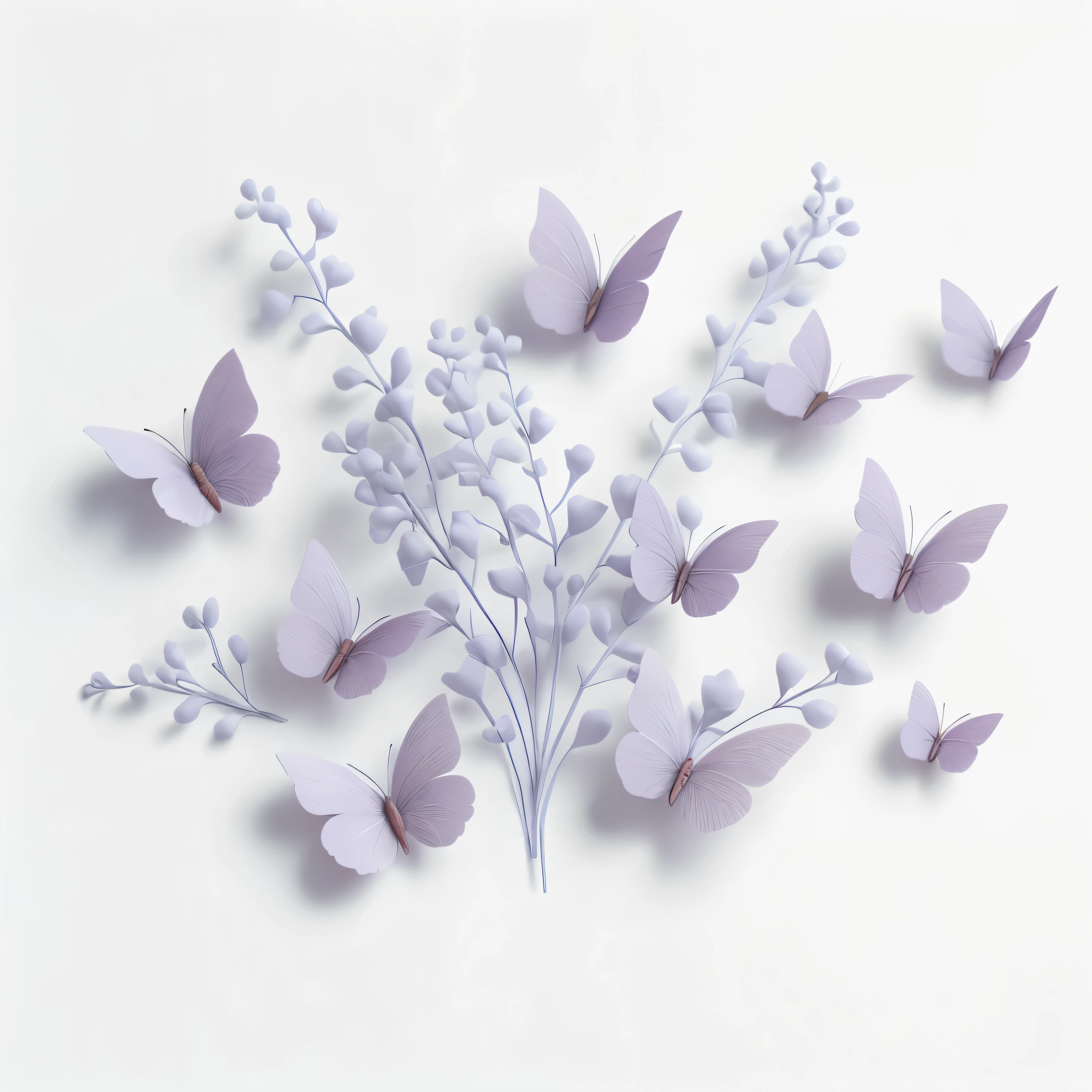 butterflies are flying around a bunch of flowers on a white surface, butterflies, paper art, paper decoration, made from paper, harmony of butterfly, made of paper, by Jan Kupecký, flowers and butterflies, by Kanō Tan'yū, by Yukihiko Yasuda, butterflies flying, on a pale background