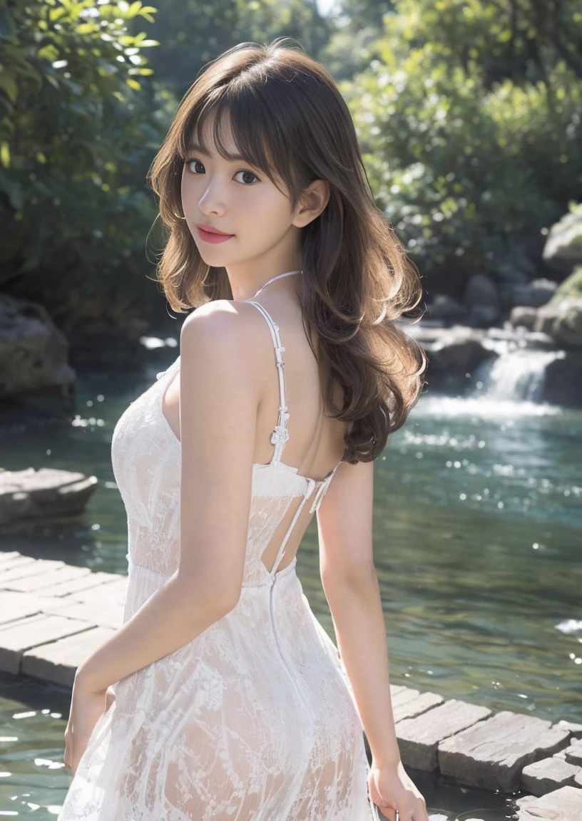 highest quality,masterpiece,ultra high resolution,(photo-realistic:1.4),looking at the viewer,(white lace dress),whole body,standing posture,look back,japanese girl,smile,(ultra wavy hair),(masterpiece:1.3), (8K, realistic, RAW photo, highest quality: 1.4), (1 girl), beautiful face, (realistic face), (short hair),beautiful hairstyle,green forest,with deer