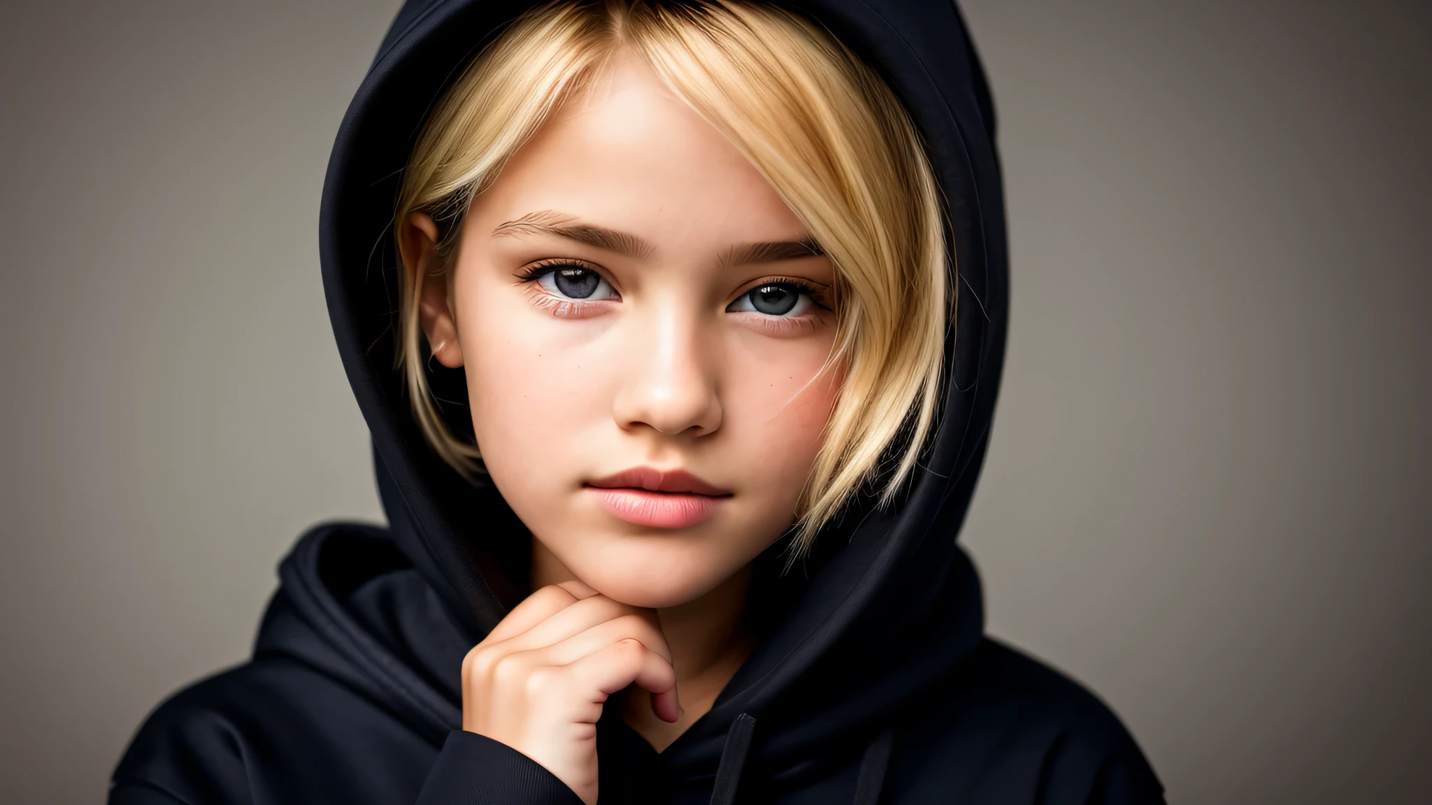 KIDS GIRL BLONDE in a black hoodie holding her head in her hands, KIDS girl wearing hoodie, in a black hoodie, close up portrait photo, gorgeous young model, in a hoodie, portrait black and white portrait, wearing a black hoodie