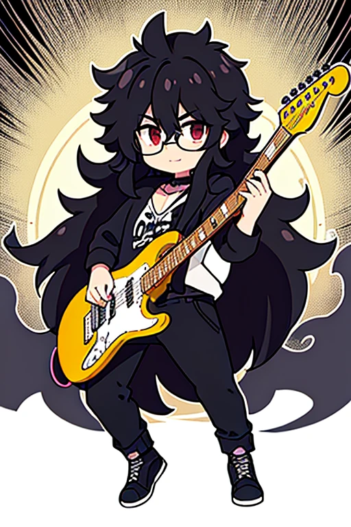 Guy with glasses with big dark curly hair like the slash guitarist up to his neck like the guitarist Billy Squier's hair, with a sunburst-colored Stratocaster guitar in the style of a black-on-white manga