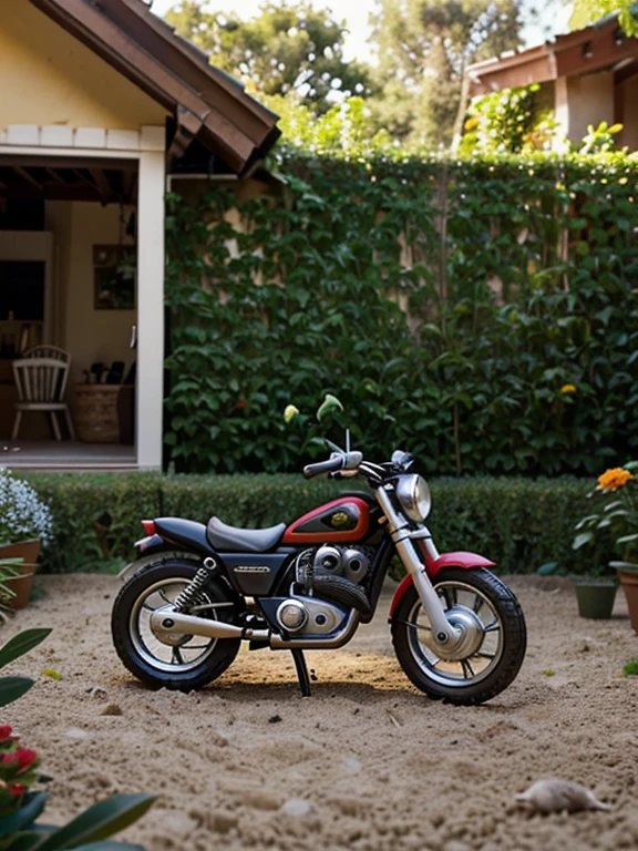 Ultra realistic portrait of a large hand holding a toy mini motorbike placed in a miniature area of the house, there is a garden and swimming pool, in the yard there are several trees and flower plants, there are also several chickens and ducks and birds perched on the fence. artistic, close-up shooting, realistic.