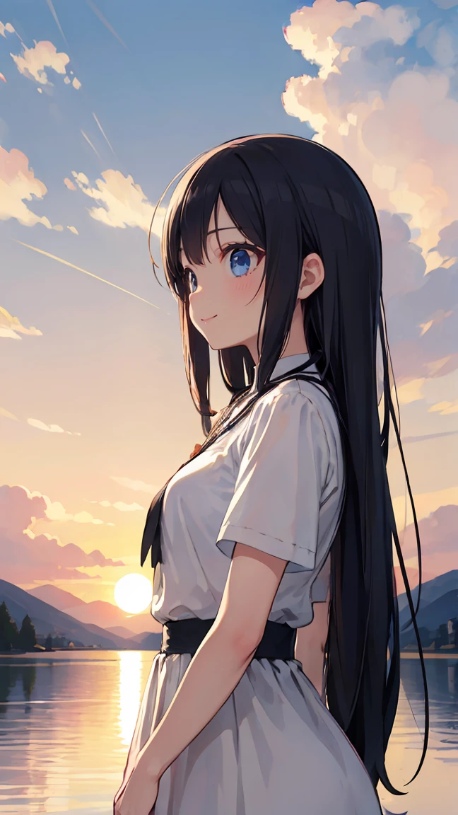 1 girl, calm expression, enchanting eyes, straight long hair, flowing dress, calm posture, porcelain skin, subtle blush, Crystal Pendant BREAK Golden Hour, (rim lighting):1.2, warm tones, solar flare, soft shadow, Bright colors, Pictorial effects, dreamy atmosphere BREAK scenic lake, distant mountain々, willow tree, calm water, reflection, clouds illuminated by the sun, peaceful atmosphere, Idyllic sunset, Super detailed, official art, unity 8k wallpaper , zentangle,