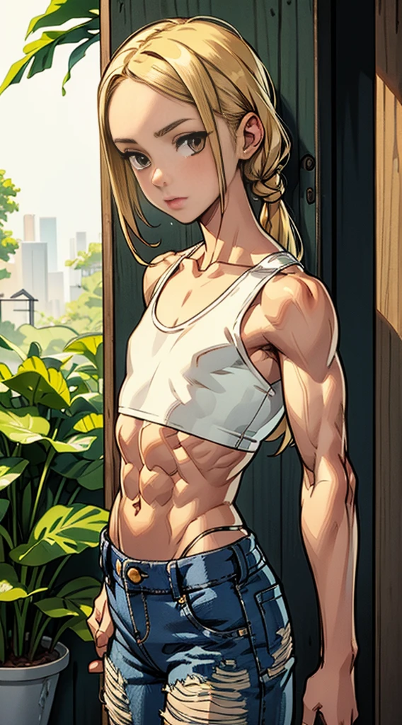 cute girl. beauty female. shy pose. sexy body shape. white tank top. mini skirt jeans. on her daily life outdoor activity. long straight blonde hair. Very beautiful 15 years old girl. long legs. strong arms, muscular thighs, ripped muscles, six pack abs, muscle arms, muscular, flat chest,