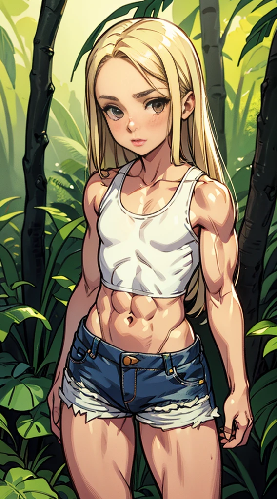 cute girl. beauty female. shy pose. sexy body shape. white tank top. mini skirt jeans. on her daily life outdoor activity. long straight blonde hair. Very beautiful  girl. long legs. strong arms, muscular thighs, ripped muscles, six pack abs, muscle arms, muscular, flat chest,