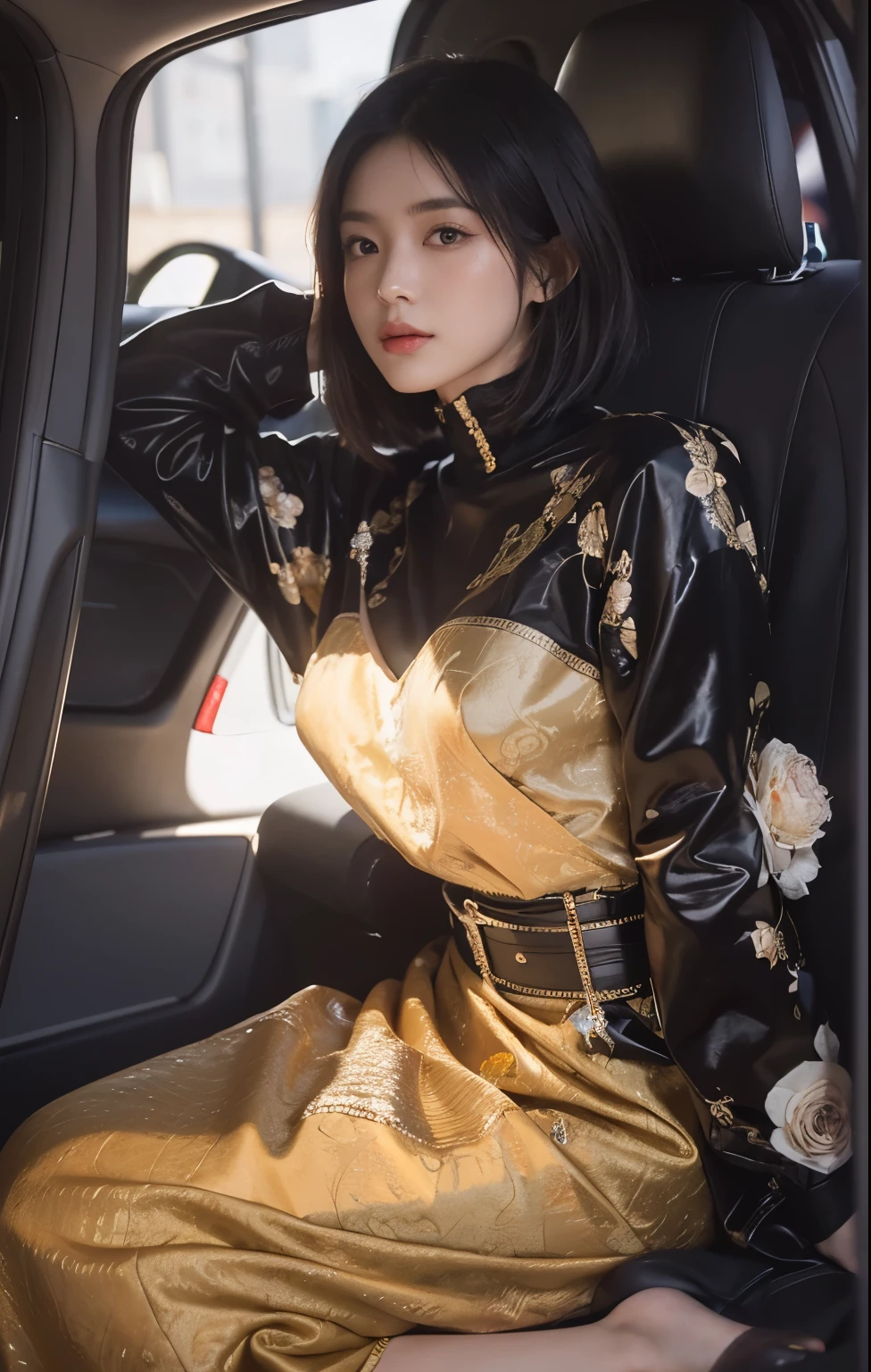 (Best quality, 8k, 32k, Masterpiece, UHD:1.2) "Generate a captivating artwork featuring a young Japanese girl model with short, sleek black hair styled in a chic bob haircut. Envision her bathed in dramatic cinematic lighting, creating an atmosphere of allure and mystery. Emphasize a romantic aesthetic vibe, showcasing the model in a poised and elegant pose that evokes a sense of intimacy and sophistication. Utilize warm and soft tones to enhance the romantic ambiance, and consider incorporating elements like flowing fabrics or flowers to add a touch of ethereal beauty. Capture the essence of romance and beauty through the model's expression, the play of light and shadows, and the overall aesthetic, creating a visually compelling and emotionally resonant piece." car interior, inside of a car