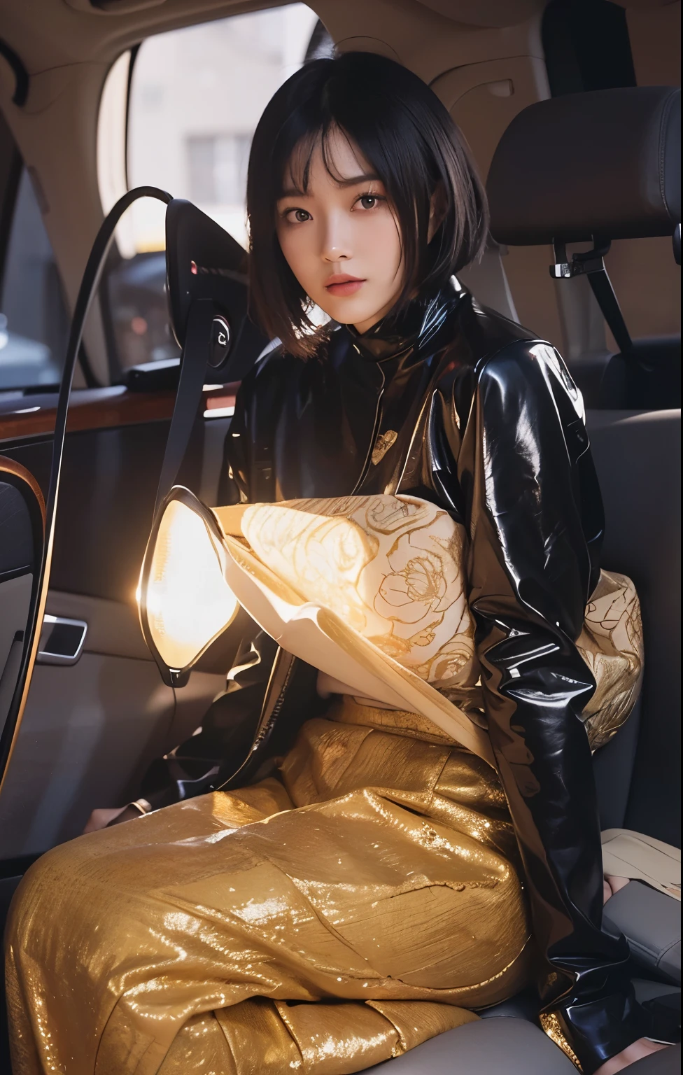 (Best quality, 8k, 32k, Masterpiece, UHD:1.2) "Generate a captivating artwork featuring a young Japanese girl model with short, sleek black hair styled in a chic bob haircut. Envision her bathed in dramatic cinematic lighting, creating an atmosphere of allure and mystery. Emphasize a romantic aesthetic vibe, showcasing the model in a poised and elegant pose that evokes a sense of intimacy and sophistication. Utilize warm and soft tones to enhance the romantic ambiance, and consider incorporating elements like flowing fabrics or flowers to add a touch of ethereal beauty. Capture the essence of romance and beauty through the model's expression, the play of light and shadows, and the overall aesthetic, creating a visually compelling and emotionally resonant piece." car interior, inside of a car