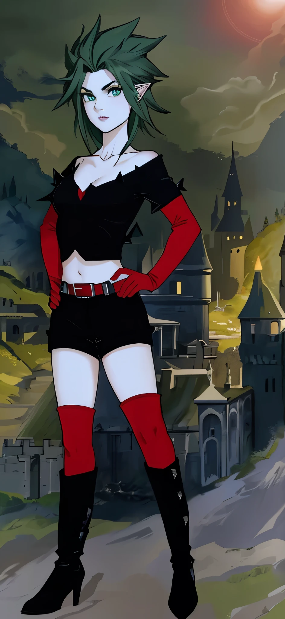 a woman standing in front of a castle, full body portrait, dark green spiky hairs, pointy ears, blue skin, light green eyes with red iris, black crop top, elbow dark red gloves, silver belt with dark red buckle, black tight shorts, dark red long socks, black heeled boots, hands on hips, proud face