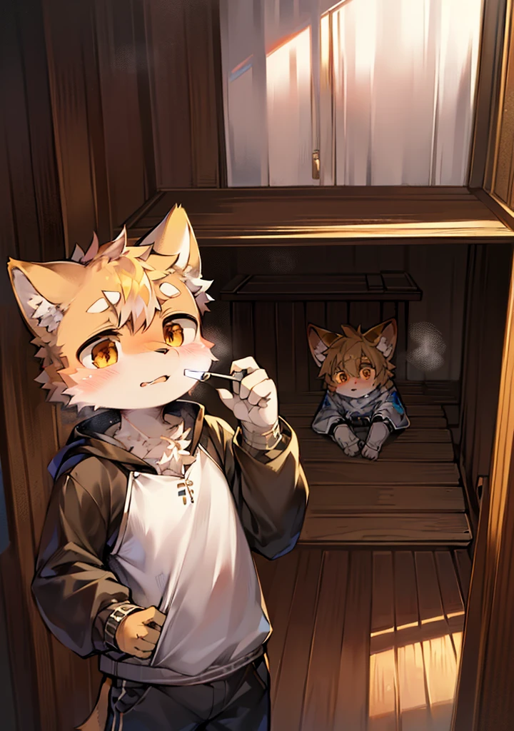 master piece，high quality，ridiculous solution，digital paint\（artwork of\），Dagashi，Yeah，Kiyosan，（fluffy fur：1.1），（Luminance：0.8），anthro male cat。 （with brown eyes，yellow fur，all covered in fur，Cat nose：1.2），bright eyes，with panoramic view，character focus。detailed background，（white clothes，breathe in，I&#39;m shy，machine：1.2），（in the room，Wooden cabin： 1.2)