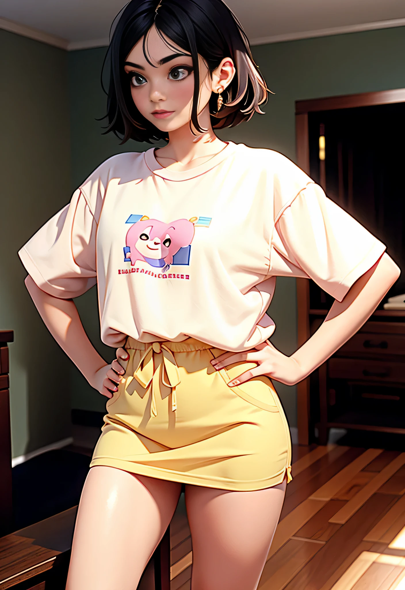 There's a woman standing in a room, vestido com uma camiseta branca, vestindo uma camiseta de maconha, aparecendo a calcinha de renda branca transparente, high resolution, alta qualidade, obra-prima, 8k.