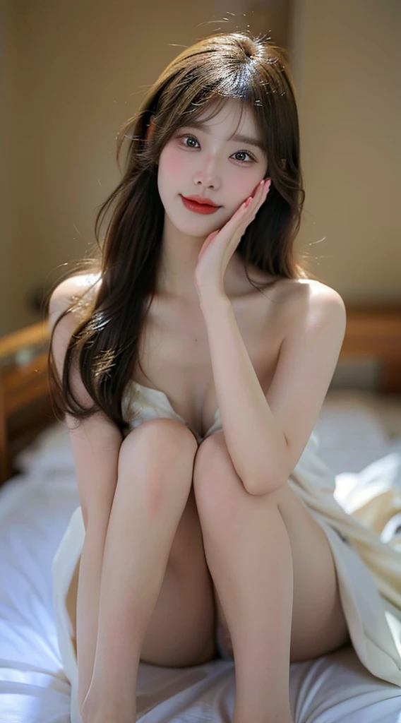 ((best quality, 8ก, Masterpiece :1.3)), Sharp focus :1.2, Korean girl. 18 years old. I'm very busy.. Beautiful details, 5 inches..Beautiful fingers.and decorate your nails colorfully.Show in front of the camera..More intimate.and clear. on the bed _Mix 4, Show off your body, big breasts,, obscene poses(Bend and open the knees and feet.), ((naked:1.2)), Seductive and sexy pose, smile, not wearing clothes, 20 days,Too realistic:1.37),16K HD, beauty of perfect body:1.4. Slender stomach:1.2, , Raise your right hand to show your armpits.