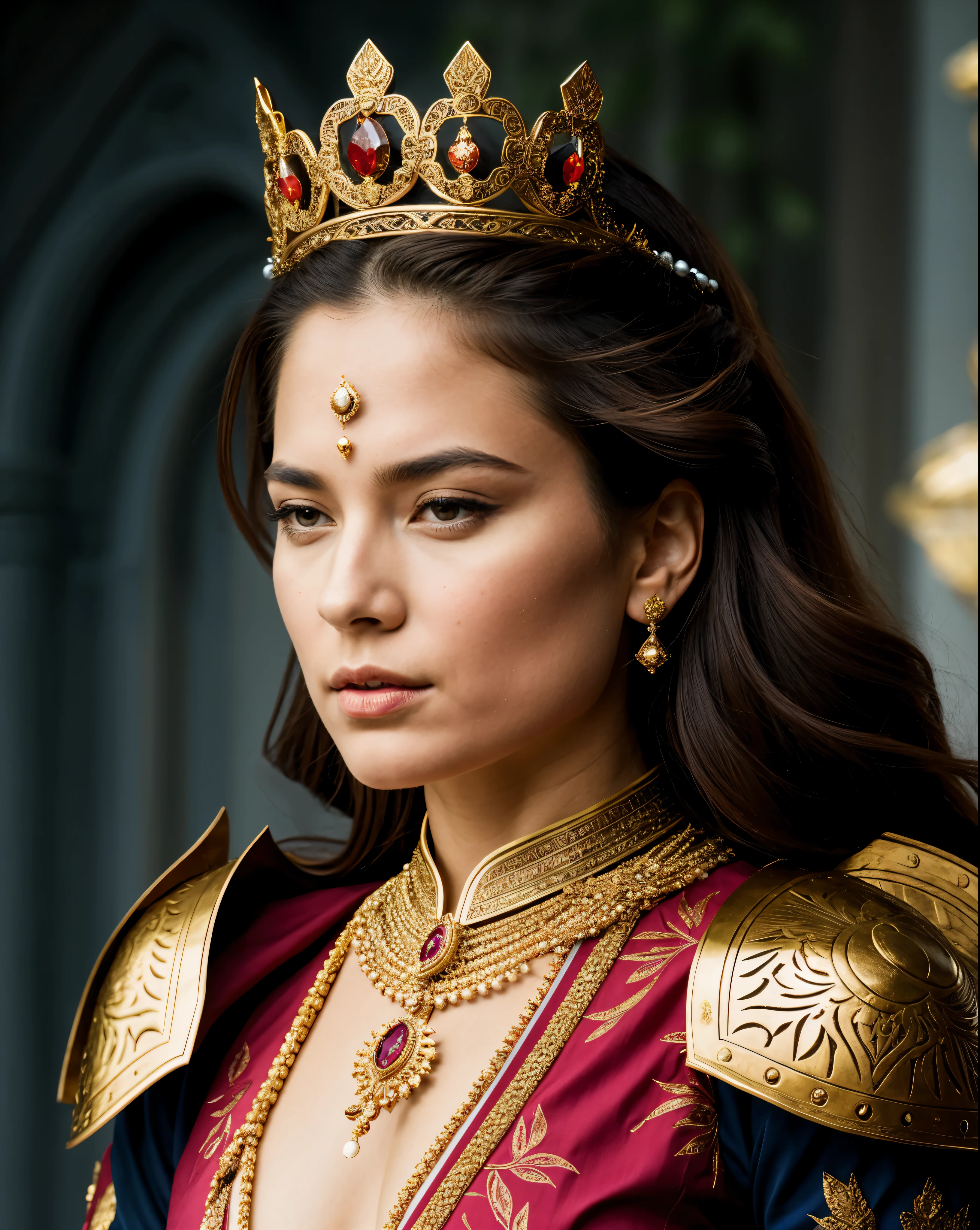 "Design an illustration of a stunning and powerful warrior queen with a regal presence. She should possess a combination of strength and grace. Imagine her in ornate, yet practical armor that complements her figure. The armor should be adorned with intricate details and symbols representing her royal lineage and warrior prowess. Her weapon of choice could be a unique and elegant sword or a mythical weapon that reflects her status as a formidable leader.
Her facial features should exude confidence and determination, with piercing eyes that convey both fierceness and wisdom. The queen's hair, whether long or short, should flow dynamically, hinting at her movement in battle. Consider incorporating elements that emphasize her connection to nature or a mythical realm, such as ethereal backgrounds, symbolic animals, or mystical symbols.
Pay attention to the color palette; use rich, bold colors that enhance her royal aura. Experiment with lighting to highlight specific details and create a sense of drama. Ensure that her posture and expression capture the essence of a queen who commands respect and admiration. Feel free to draw inspiration from historical warrior queens or fictional characters, blending elements to create a unique and captivating image."