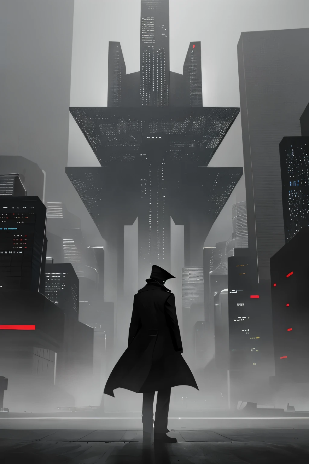A lone man, clad in a trench coat, stands before a colossal futuristic architecture, silhouetted against the backdrop of a deserted futuristic city. The hazy fog clings to the deserted streets, shrouding the structures in an otherworldly glow. Neon lights flicker intermittently, casting an eerie, cyberpunk glow on the scene. In the spirit of Blade Runner, the emptiness of the metropolis is filled with a haunting, melancholic ambiance. The wide-angle lens captures the desolate beauty of the futuristic desert, where the towering architecture and the vast, empty horizon meet. --ar