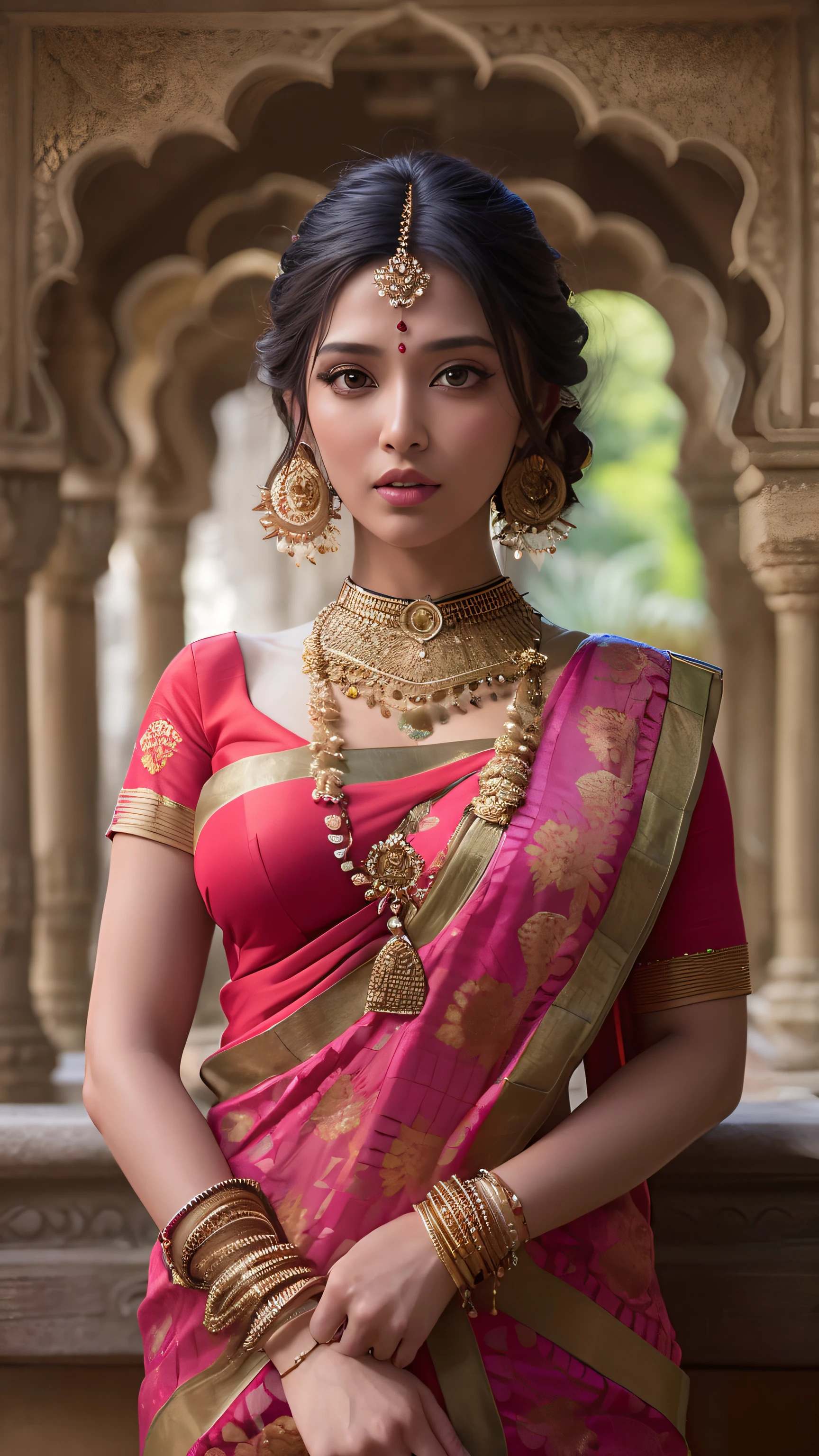 a woman in a sari posing for a picture, indian goddess, traditional beauty, indian, beautiful goddess, ornate cosplay, indian style, indian super model, beautiful maiden, gorgeous woman, south east asian with long, provocative indian, gorgeous beautiful woman, intricate outfit, hindu aesthetic, beautiful asian girl, extremely detailed goddess shot, jaw-dropping beauty, big  deep cleavage sexy navel