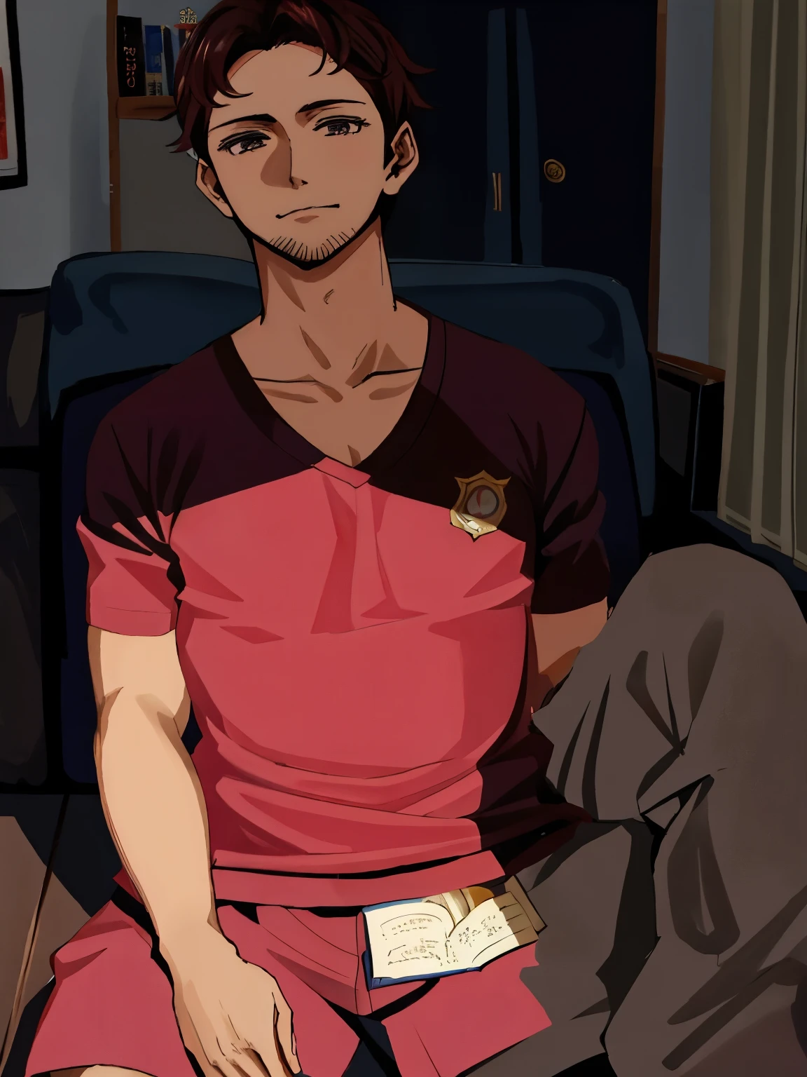 hay un hombre sentado en una silla con un libro en el regazo, inspirado por Junpei Satoh, hecho con estudio de pintor anime, Estilo de Arte Kentaro Miura, pintado en estudio de pintor anime, estilo kentaro miura, Estilo Miura Kentaro, inspirado por Ryuzaburo Umehara, como personaje de anime, Estilo de arte manga de Kentaro Miura