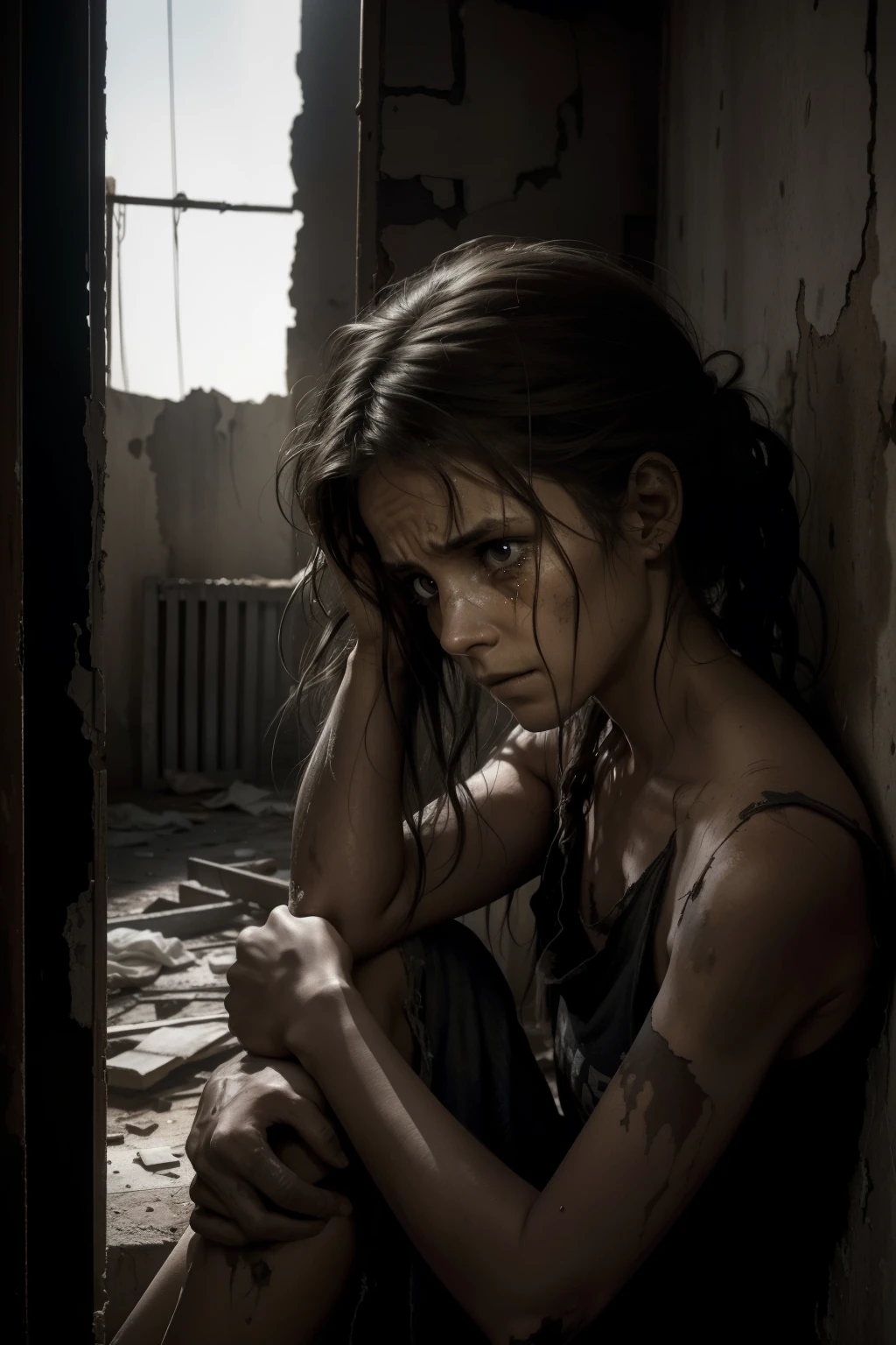 A poignant portrait of a destitute woman, her expressive, weary eyes welling up with tears, framed by disheveled, matted hair and creased, sun-kissed skin. Her worn, threadbare clothing clings to her emaciated frame, revealing the bones of her hands and feet. The scene is set against a backdrop of a bleak, dilapidated environment – crumbling walls, faded colors, and a desolate, courageous spirit. Realistic, gritty, high contrast, highest definition, hyperrealism, photojournalism, black and white photography. emotion, sadness, poverty, struggle.