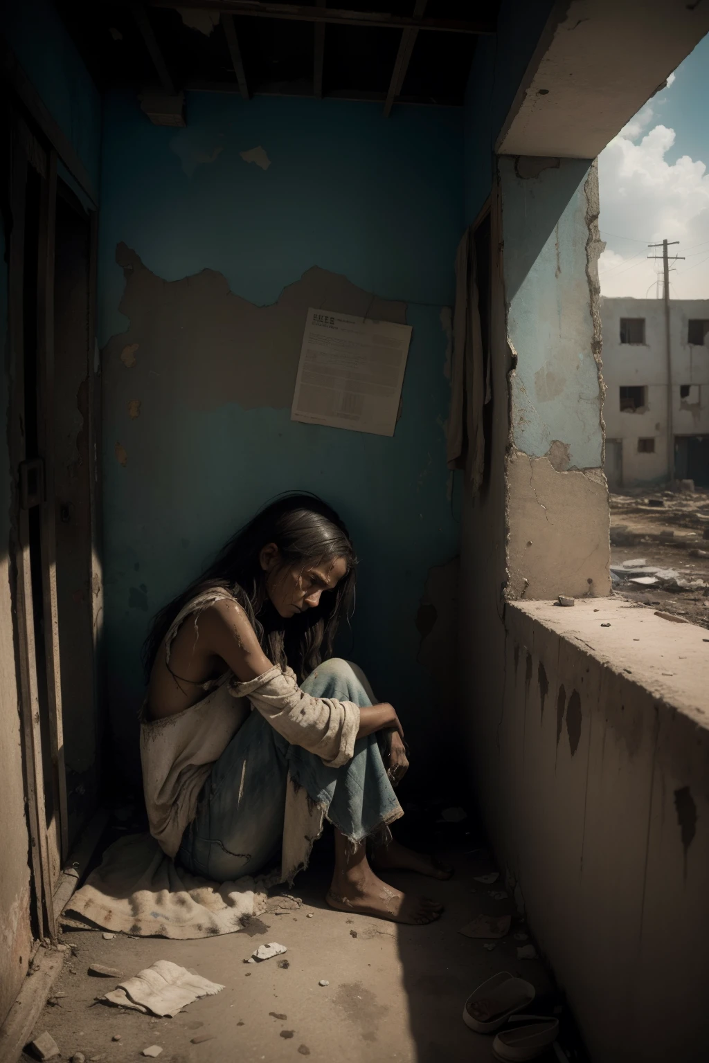 A poignant portrait of a destitute woman, her expressive, weary eyes welling up with tears, framed by disheveled, matted hair and creased, sun-kissed skin. Her worn, threadbare clothing clings to her emaciated frame, revealing the bones of her hands and feet. The scene is set against a backdrop of a bleak, dilapidated environment – crumbling walls, faded colors, and a desolate, courageous spirit. Realistic, gritty, high contrast, highest definition, hyperrealism, photojournalism, black and white photography. emotion, sadness, poverty, struggle.