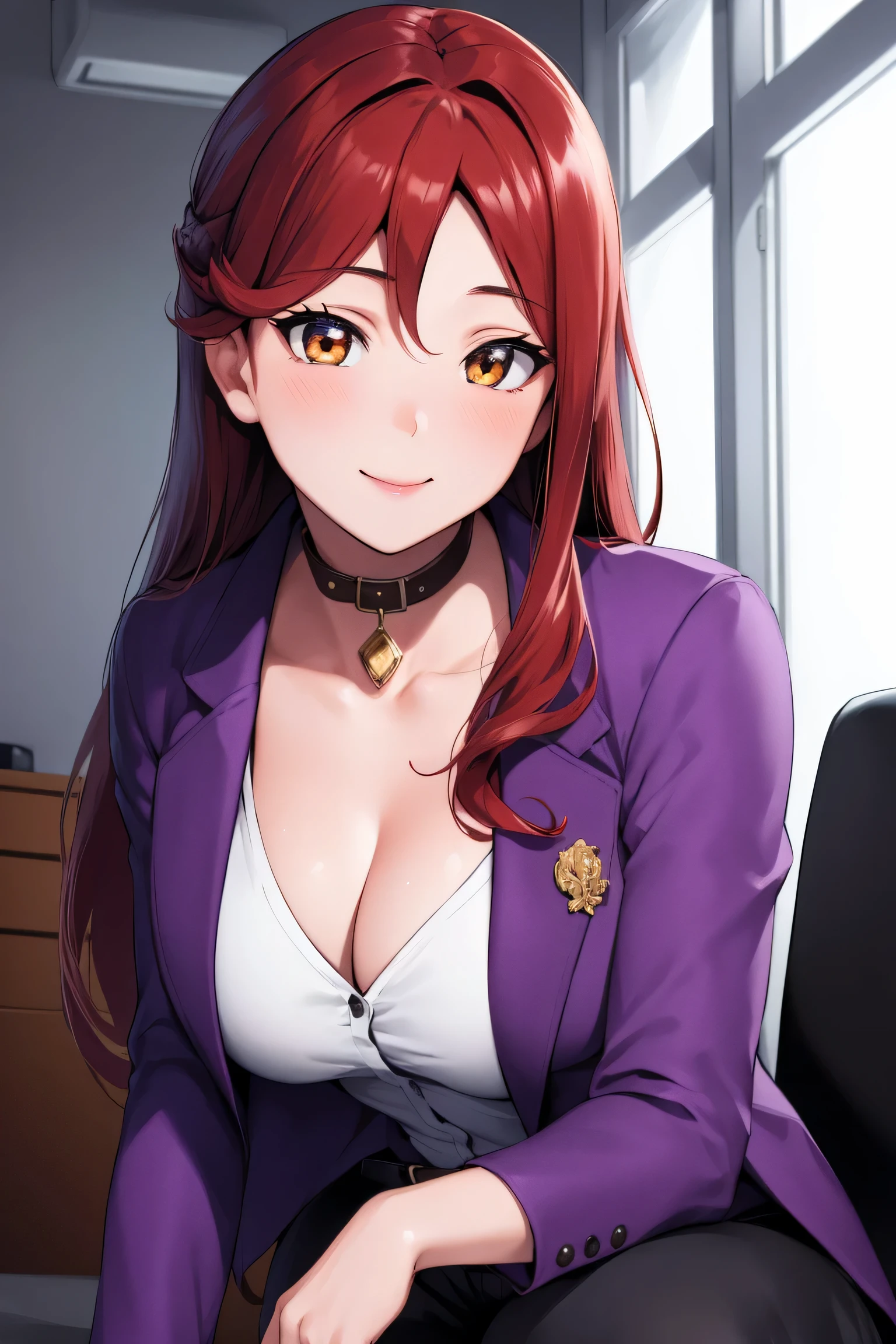 rikosakurauchi, riko sakurauchi, (brown eyes:1.5), hair between eyes, long hair, (red hair:1.5),
BREAK (belt, belt buckle, black belt, buckle, cleavage, collarbone, jacket, long sleeves, office lady, pants, purple jacket, purple pants, wing collar, green collar:1.2),
BREAK a smile, Upper body portrait, Squatting panchira,
BREAK (masterpiece:1.2), best quality, high resolution, unity 8k wallpaper, (illustration:0.8), (beautiful detailed eyes:1.6), extremely detailed face, perfect lighting, extremely detailed CG, (perfect hands, perfect anatomy),