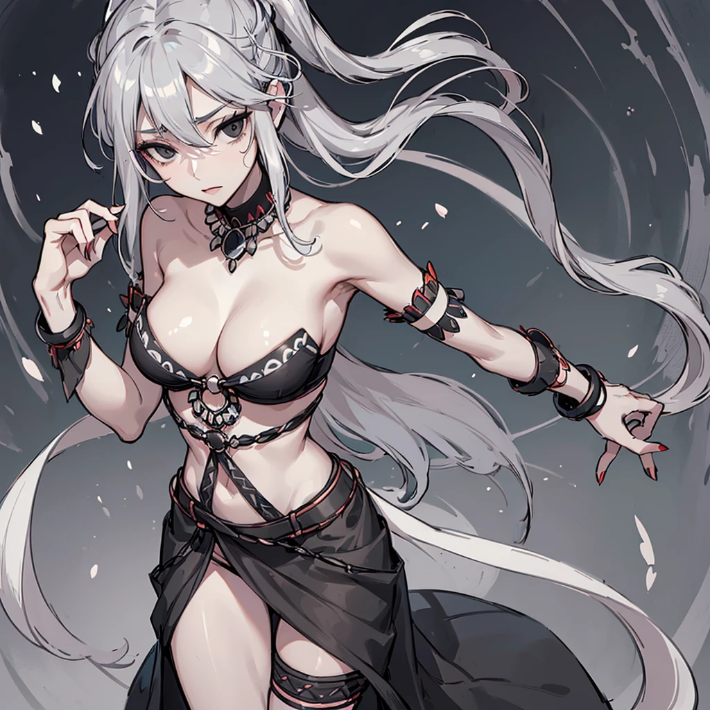 (((Alone))),(((Woman))),(((Thin waist))),(((Average breasts))),(((Light skin))),(((Gray Hair))),(((Serene black eyes))),(((Beautiful face))),(((Wearing tribal clothes)))