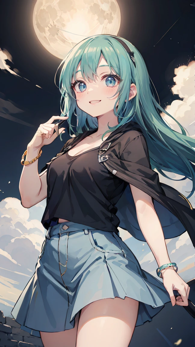 (masterpiece:1.2), (best quality), extremely detailed, UHD, ultra high res, fine line drowing, BREAK, 1girl, solo, small breasts, cleavage, long hair, green hair color, floating hair, blue eyes, big eyes, wide-eyed, droopy eyes, puffy eyes, happy smile, headband, breastplate, mini skirt, (gripping sword in hand), bracelet, cloak, star earrings, BREAK, learning forward, looking up, form above, looking at viewer, forward hands, collarbone, from below, cowboy shot, Ancient Ruins, moonlit night, fish_lens, super-wide-angle lens,