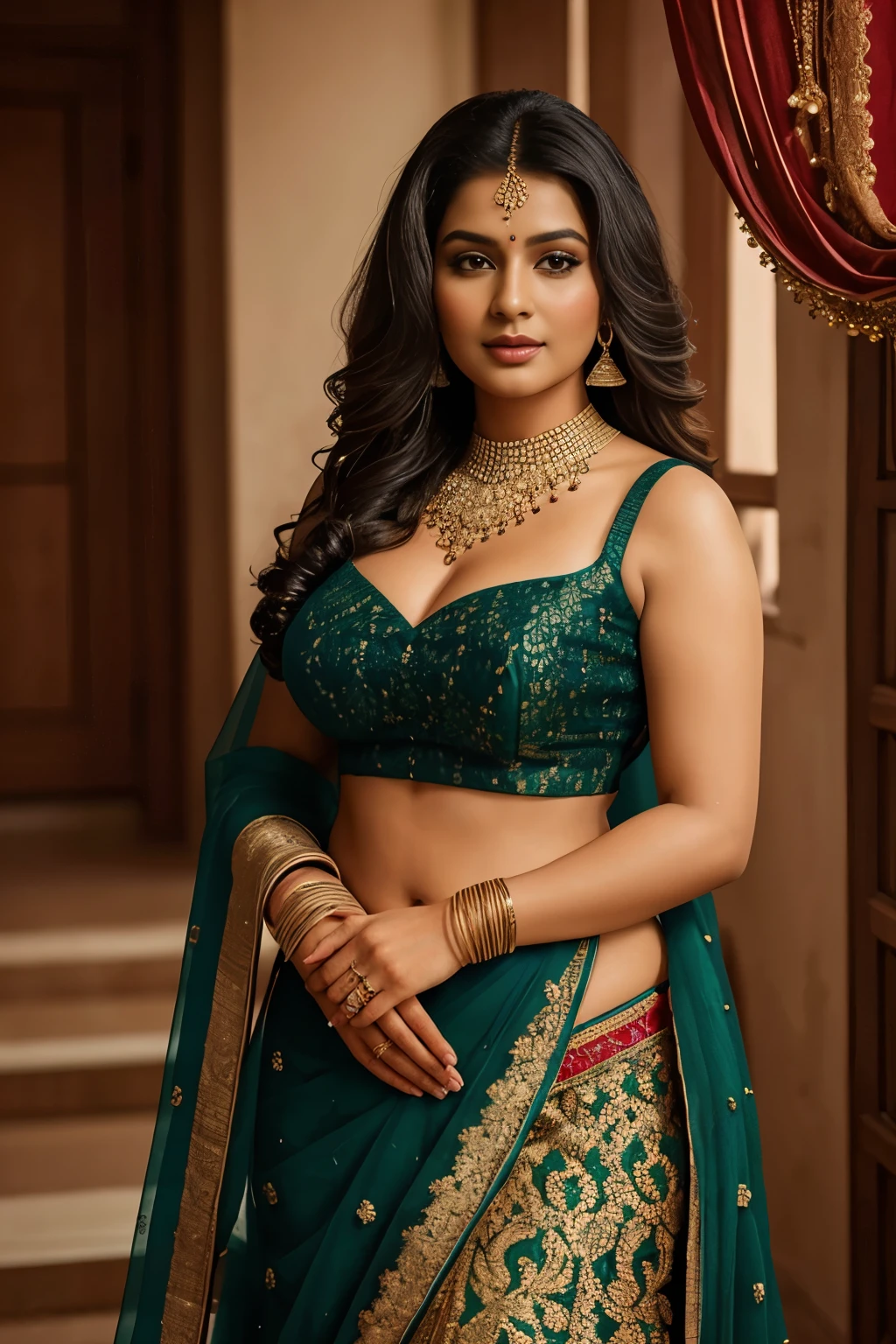 An award-winning, hyperrealistic analog photo of a captivating woman with curvy and thicc body, adorned in a intricately designed red lace lehenga choli, wearing jasmine flowers in her black curly hair cascading down her shoulders, and her striking green eyes gazing past the camera. Her full body is elegantly captured in the frame, every detail from the intricate lace patterns on her lehenga to the glistening jewelry adorning her neck and wrists, displayed in rich tones with film grain texture adding an authentic and classic feel, making this artwork a true masterpiece. (Full body shot: 1.2) ((Best Quality,