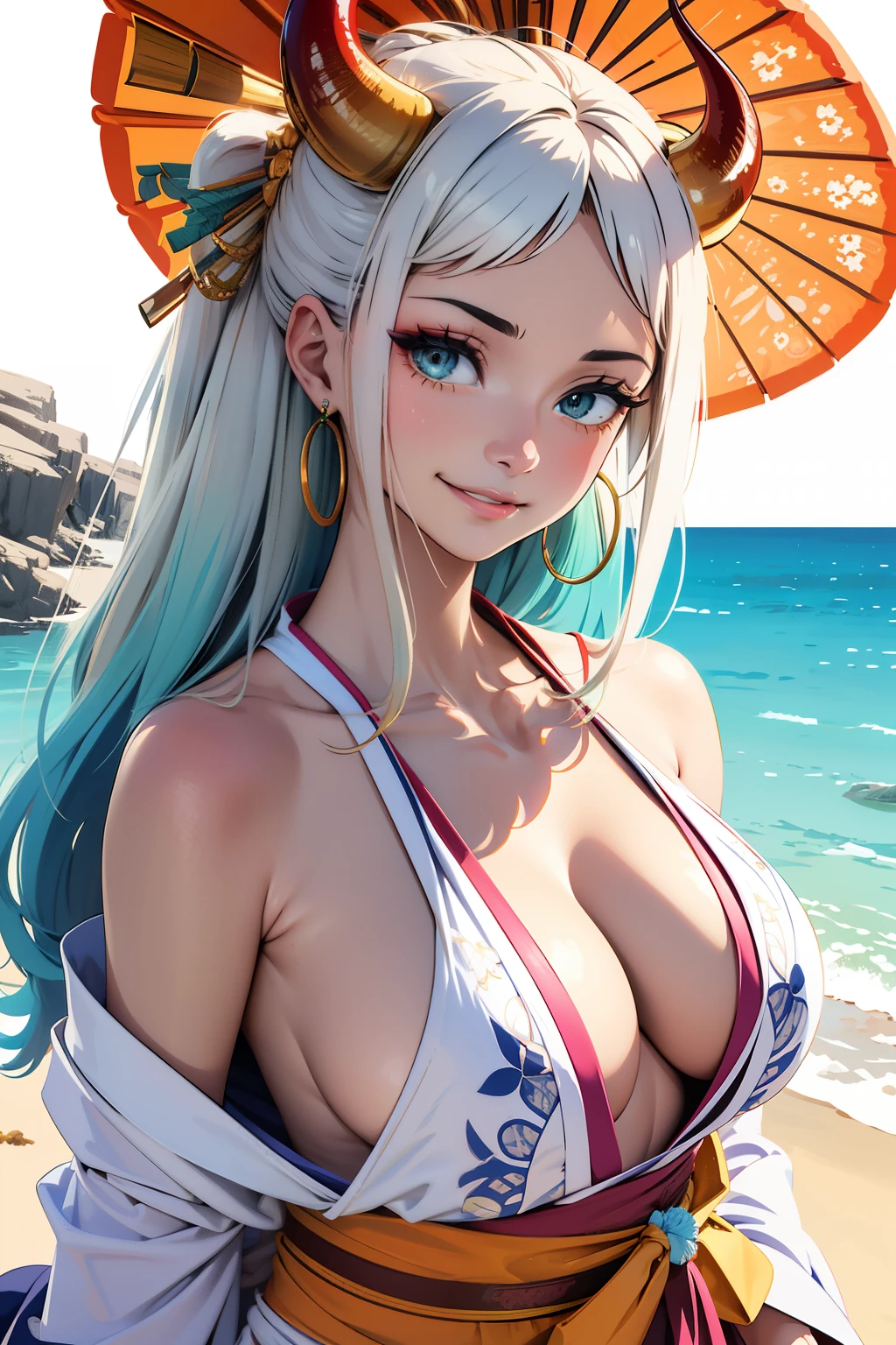 Masterpiece, ((ultra detailed background, delicate pattern, intricate high detail)), (highly detailed, finedetail), Best quality,beautiful lighting, (((seins moyens, fille mince, Very thin girl))), (Tir de cowboy), YamatoV2, cheveux longs, 1fille, Cornes, cheveux blancs, seulement, ils, cornes rouges, Coiled horns, ornement de cheveux, (cornes multicolores), joaillerie, earrings, japanese clothes, kimono, hair stick, sans manches, bare shoulders, Aqua Hair, sidelocks, hoop earrings, Hakama, sourire, large sourire, ((yeux orange)), complex detailed background, outside, Nature Environnement, Roches, sunny weather, Ciel bleu, ciel, micro bikini