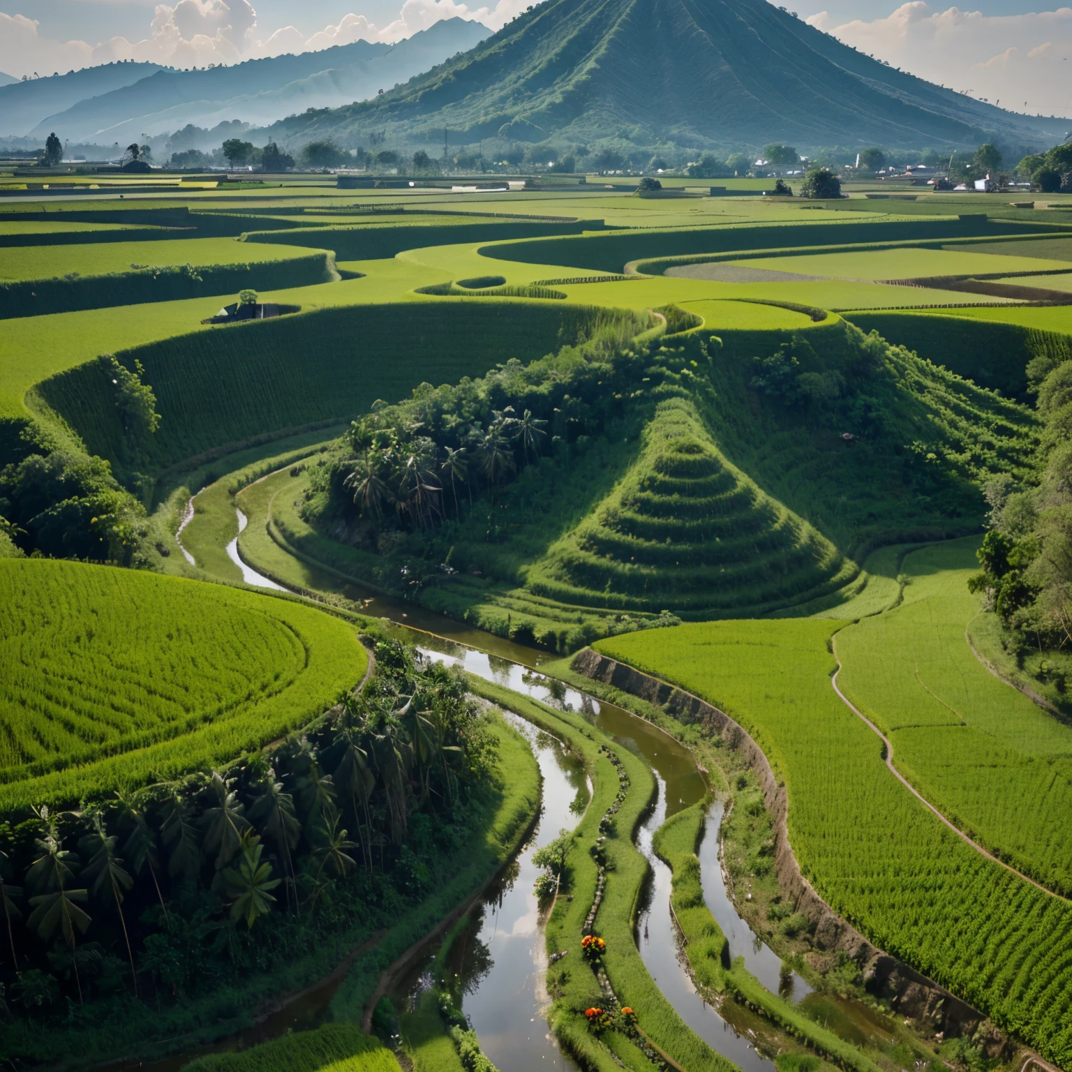 Gambarkan pemandangan alam yang terdiri dari gunung, sungai, sawah, pohon, rumah, awan, pak tani,