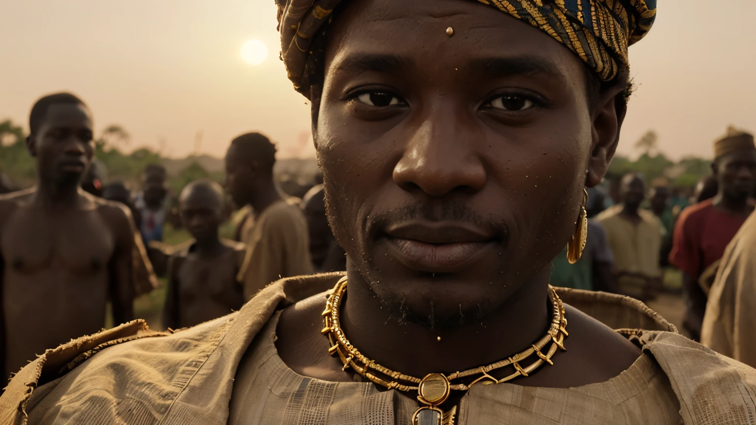 there is a Close up of a Hausa village Man mining gold and people in the background busy, we see a bucket of cleaned gold, cinematic, Northern Nigeria, Africa, Gold Hour, Sunset, 4k, High res, Movie Opener, Preamble, Netflix