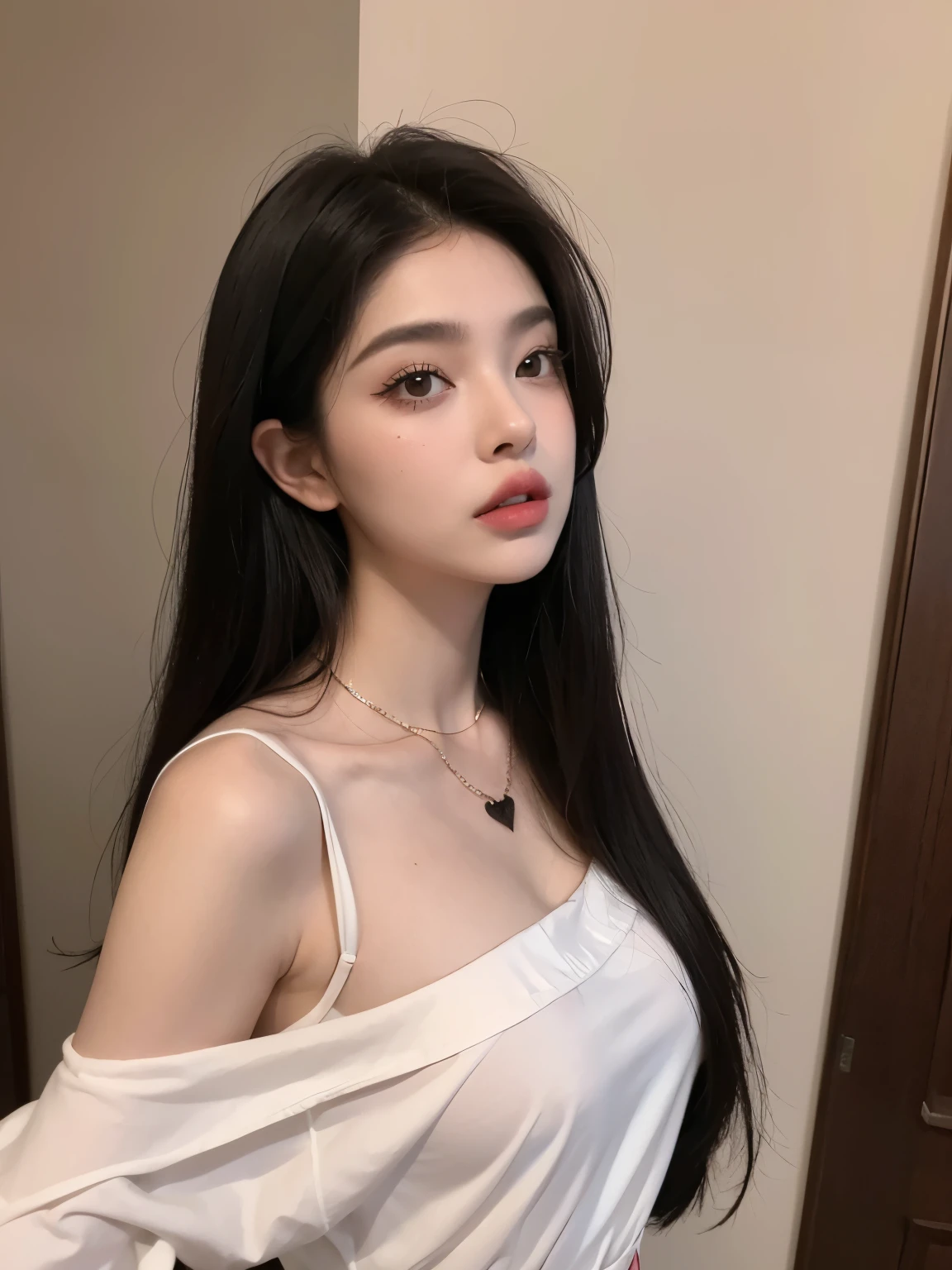 Kim Jennie con el cabello negro oscuro, con rulos en las puntas del cabello negro oscuro, con un ganchito de estrella en el cabello negro oscuro, ojos de color claro, ojos bonitos, ojos llorosos, nariz bonita y respingada, labios bonitos, labios rosas, heart shaped lip and cupid, piel bonita, pale and white skin, con lunares y pecas en todo el rostro, rubor rosa suave en las mejilla, rubor rosa natural, dark and gothic makeup, Jennie gotica, cuellos bonito, cuello marcado, frown, mirada enojada, con un collar de beso, un collar bonito de beso, mientras muestra sus pechos desnudos, mientras tiene los pezones con dos corazones de papel rosa, tiene los pezonnes con corazones de papel rosa (pechos grandes, pechos suaves, pechos bonitos, pechos naturales), con un chico a su lado, con su novio, looking to the camera, selfie
